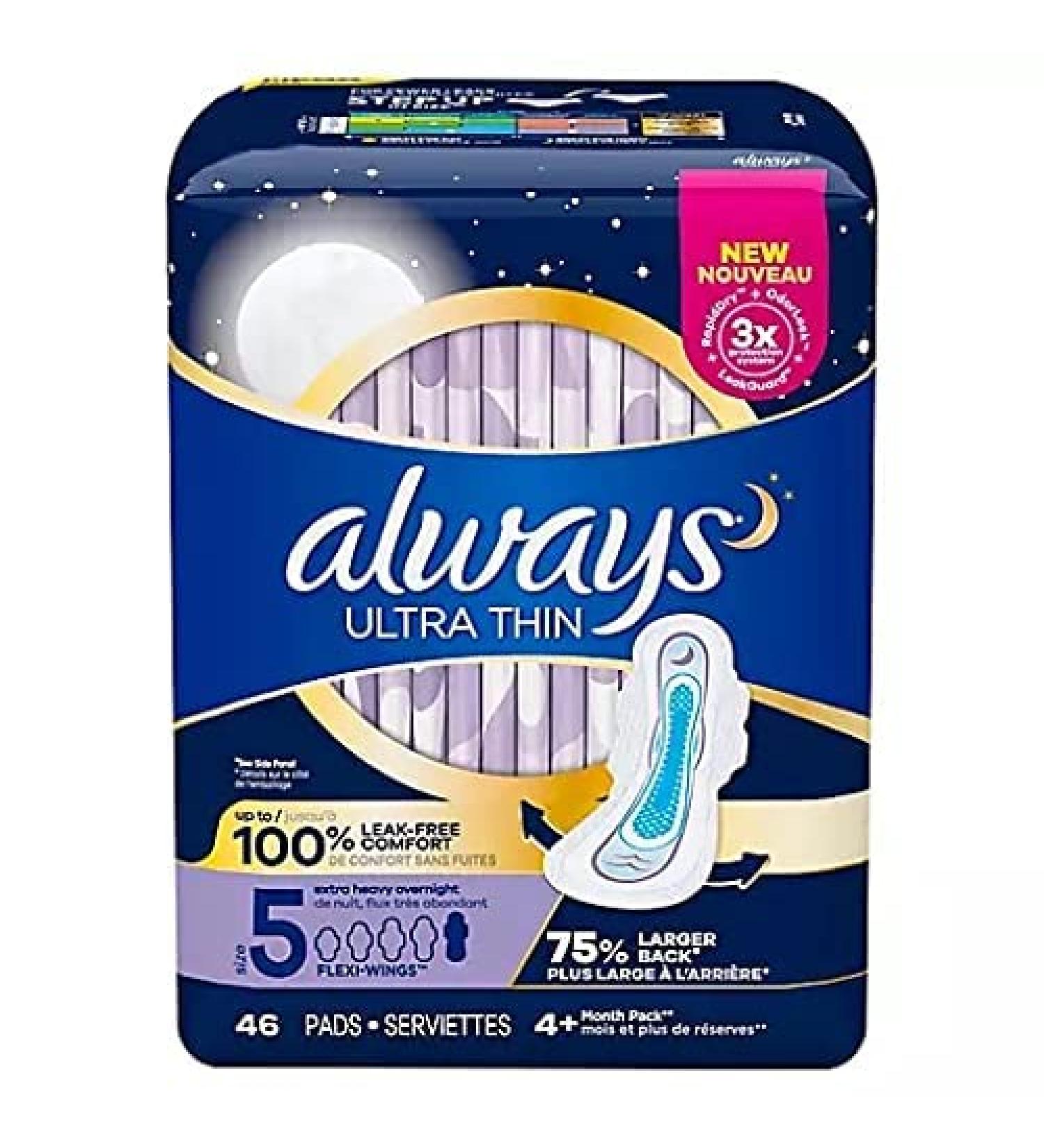Always Ultra Thin Size 5 Extra Heavy Overnight Unscented 46 Pads - Best Overnight Protection - Buy Online on GoSupps.com