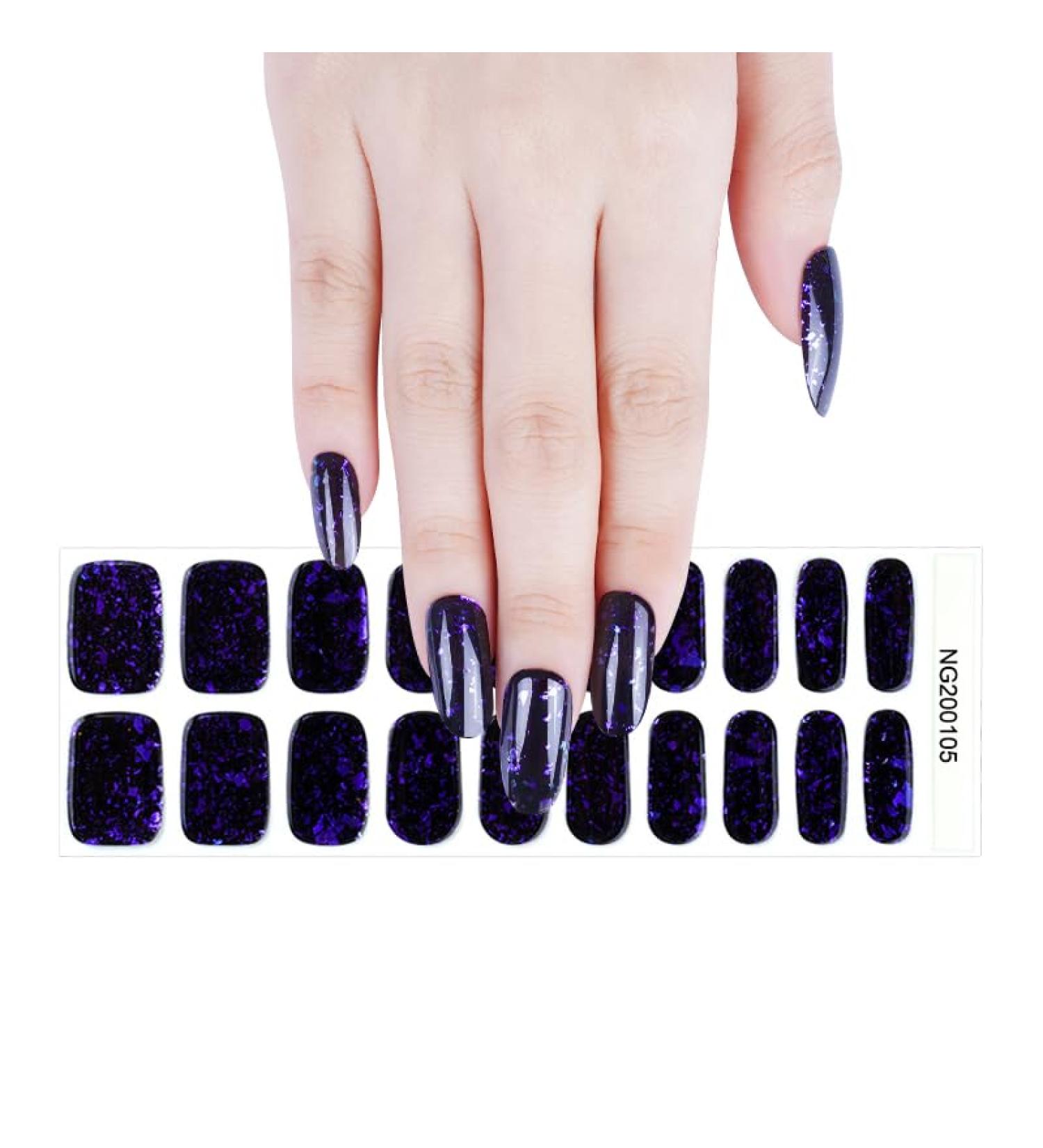 Semi Cured Gel Nails Strips 20 Stickers Nail Wraps Soft Self-Adhesive Gel Nail Stickers Salon-Quality Gel Nail Strips For Nails French Tip Manicure UV/LED Lamp Required (105-Black Purple)
