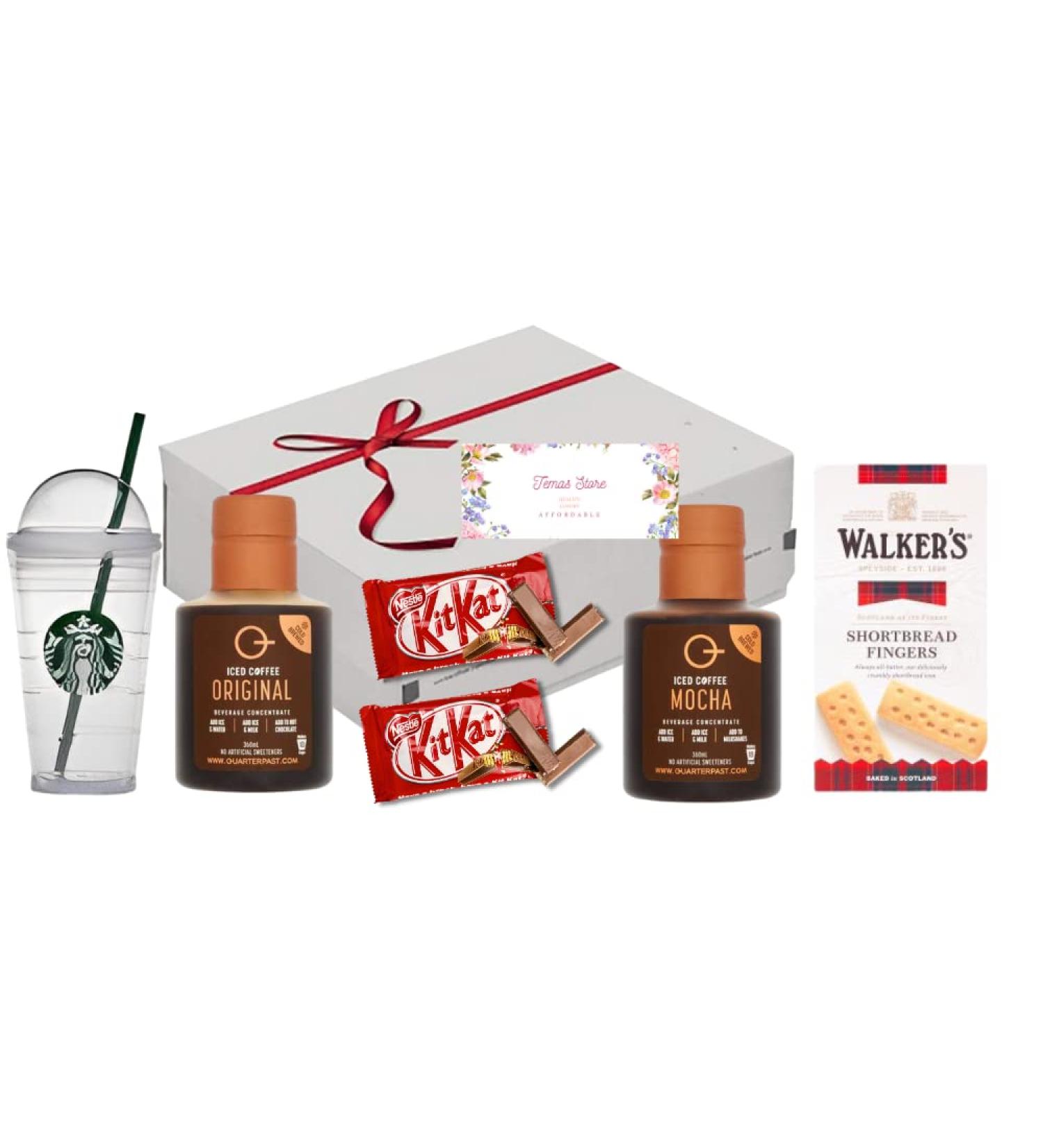 Temas Iced Coffee Snack Gift Bundle Includes Quarterpast Iced Coffee Original & Iced Mocha Short Bread Biscuit Reusable Coffee Cup & Nescafe KitKat - Buy Online on GoSupps.com