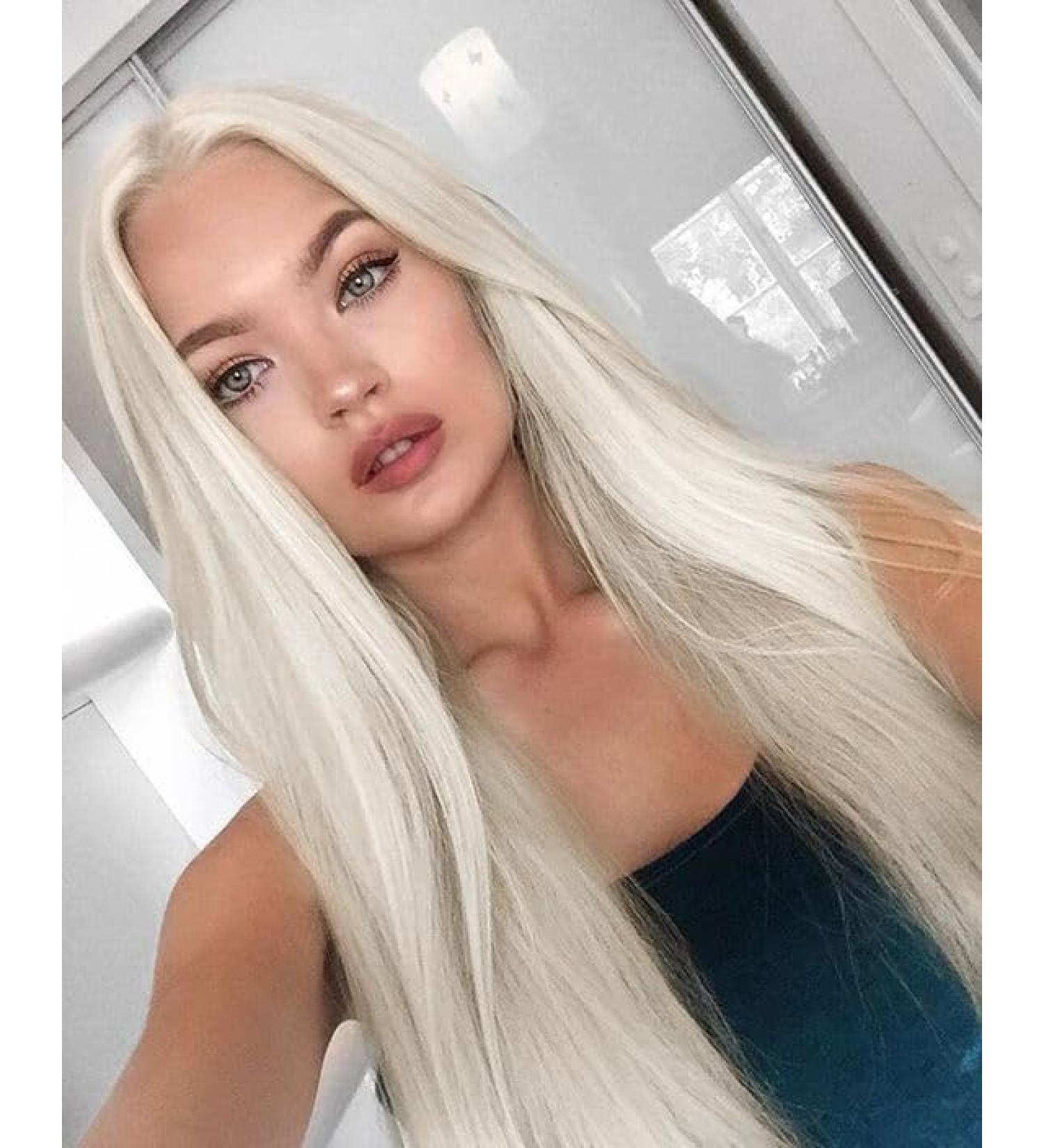 Vebonny White Blond 613 Lace Front Wig for Women | Realistic Synthetic Hair | 22 Platinum Blonde Middle Parting Wig | Glue-Free Hair Replacement #035-NEW - Buy Online on GoSupps.com