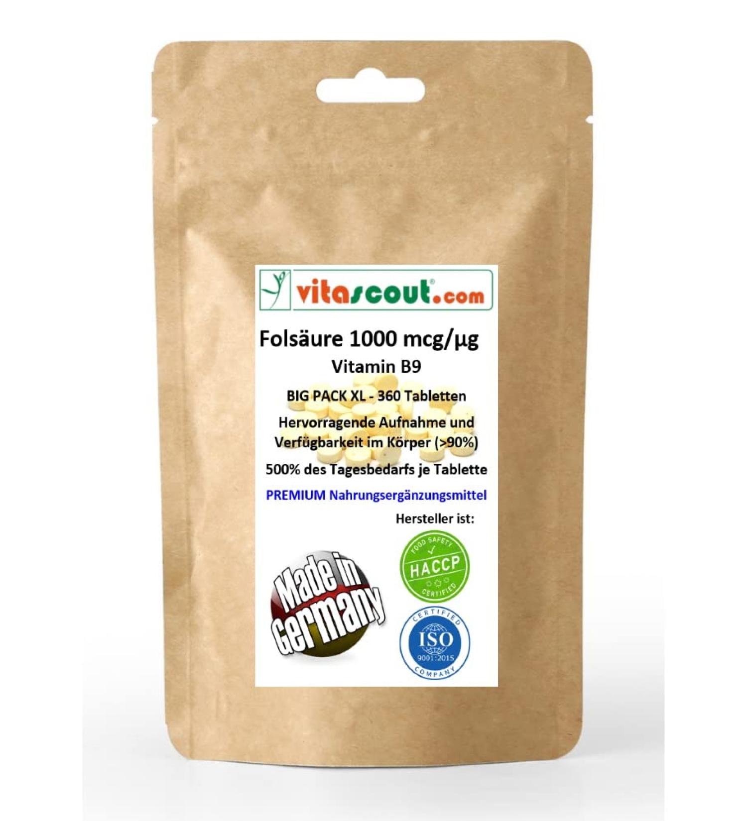 Folic Acid 1000mcg - 360 Vegan Tablets High Potency Vitamin B9 500% Daily Value Made in Germany - Buy Online on GoSupps.com