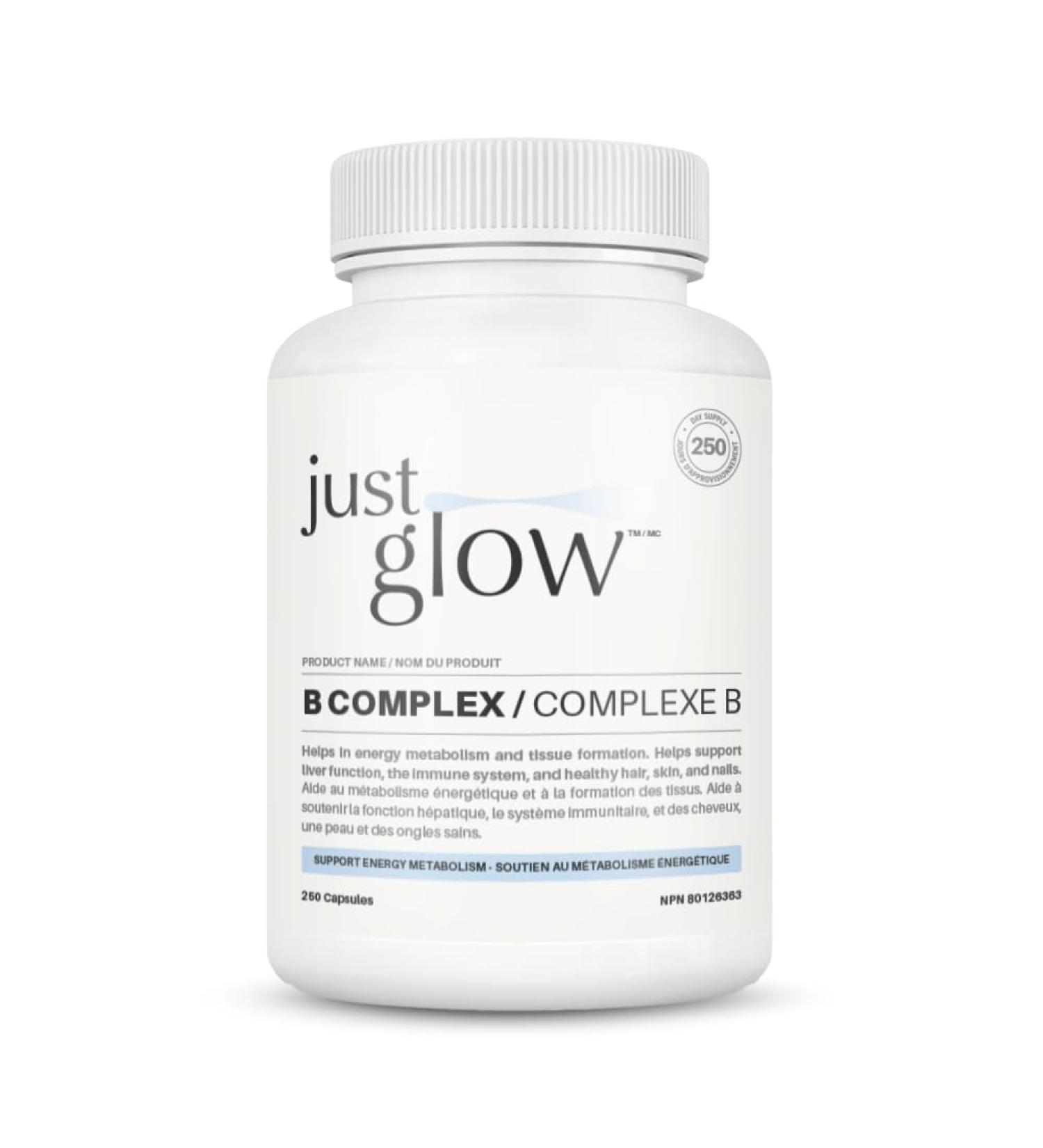 Just Glow B Complex - 250 Vegan Capsules - Essential Vitamin B w/Biotin Niacin Choline Folate and Inositol - Made in Canada (250 Days / 1 Bottle) - Buy Online on GoSupps.com
