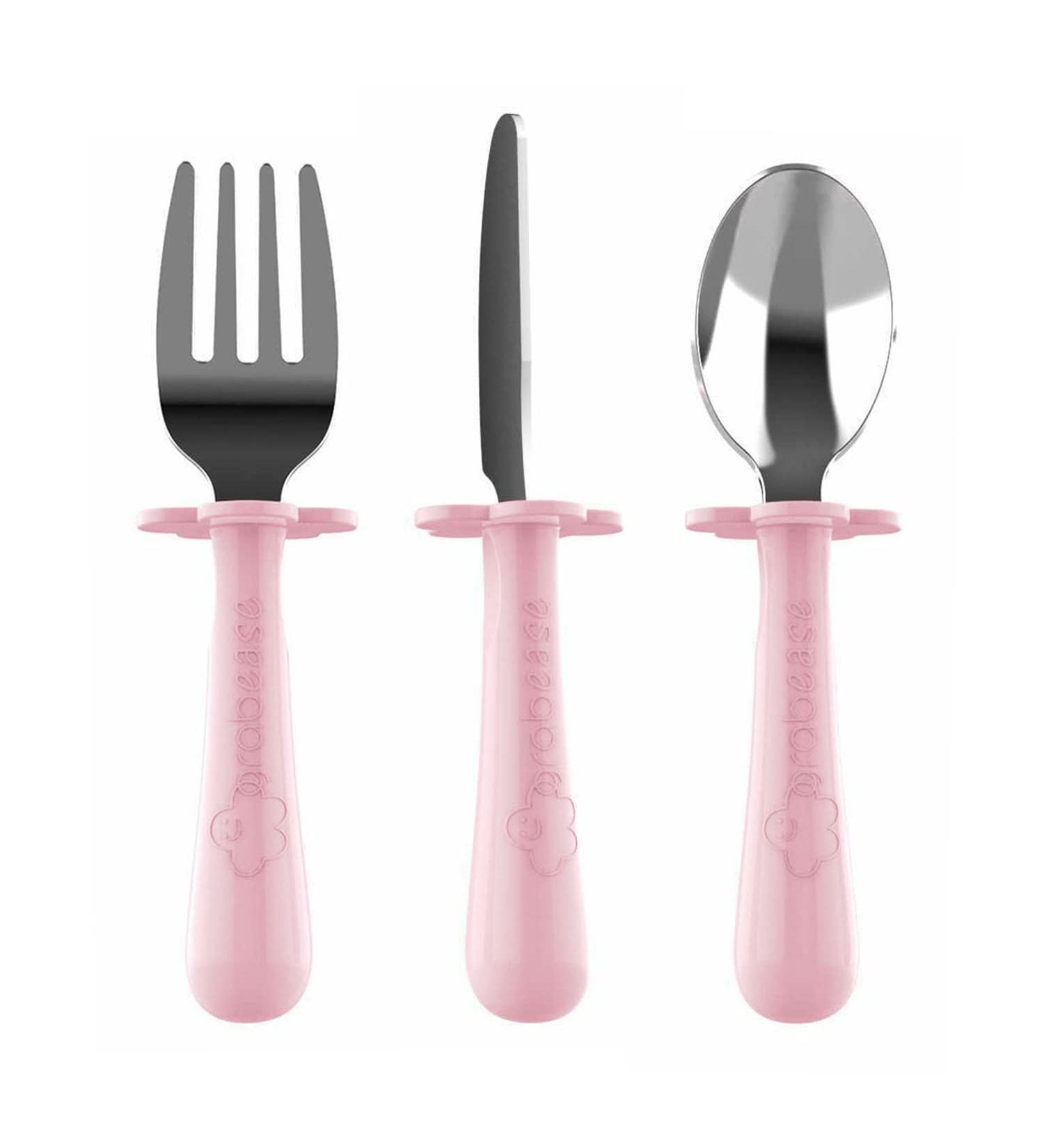 Grabease Stainless Steel Fork Knife & Spoon Set 18m+ - Blush | Baby Utensils for Easy Self-Feeding - Buy Online on GoSupps.com
