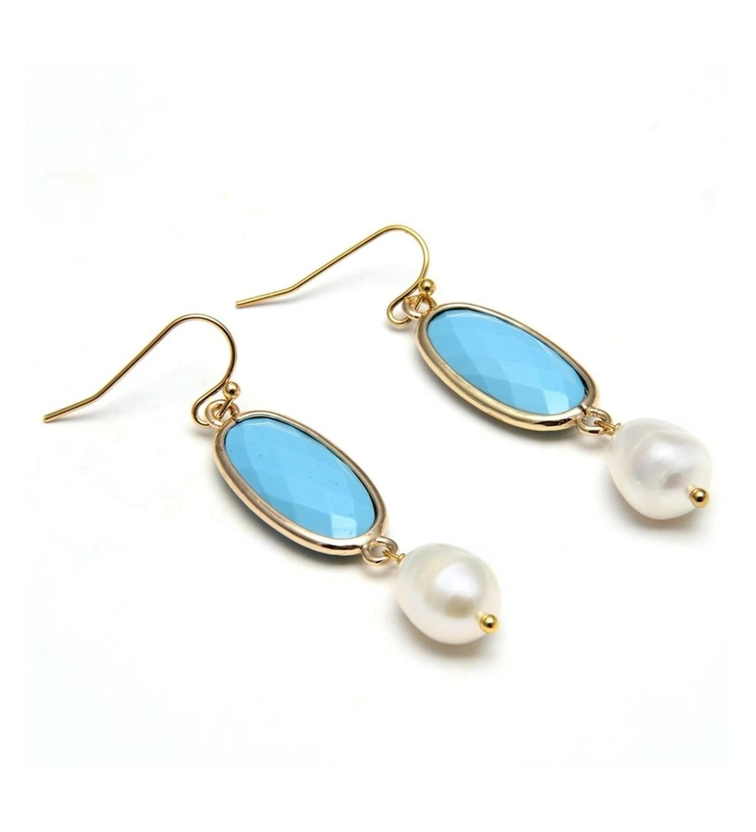 Earrings for Women Natural Cultured White Rice Bezel Set Blue Crystal Plated Hook Earrings Cute for Women Hilarity Earrings for Women - Buy Online on GoSupps.com