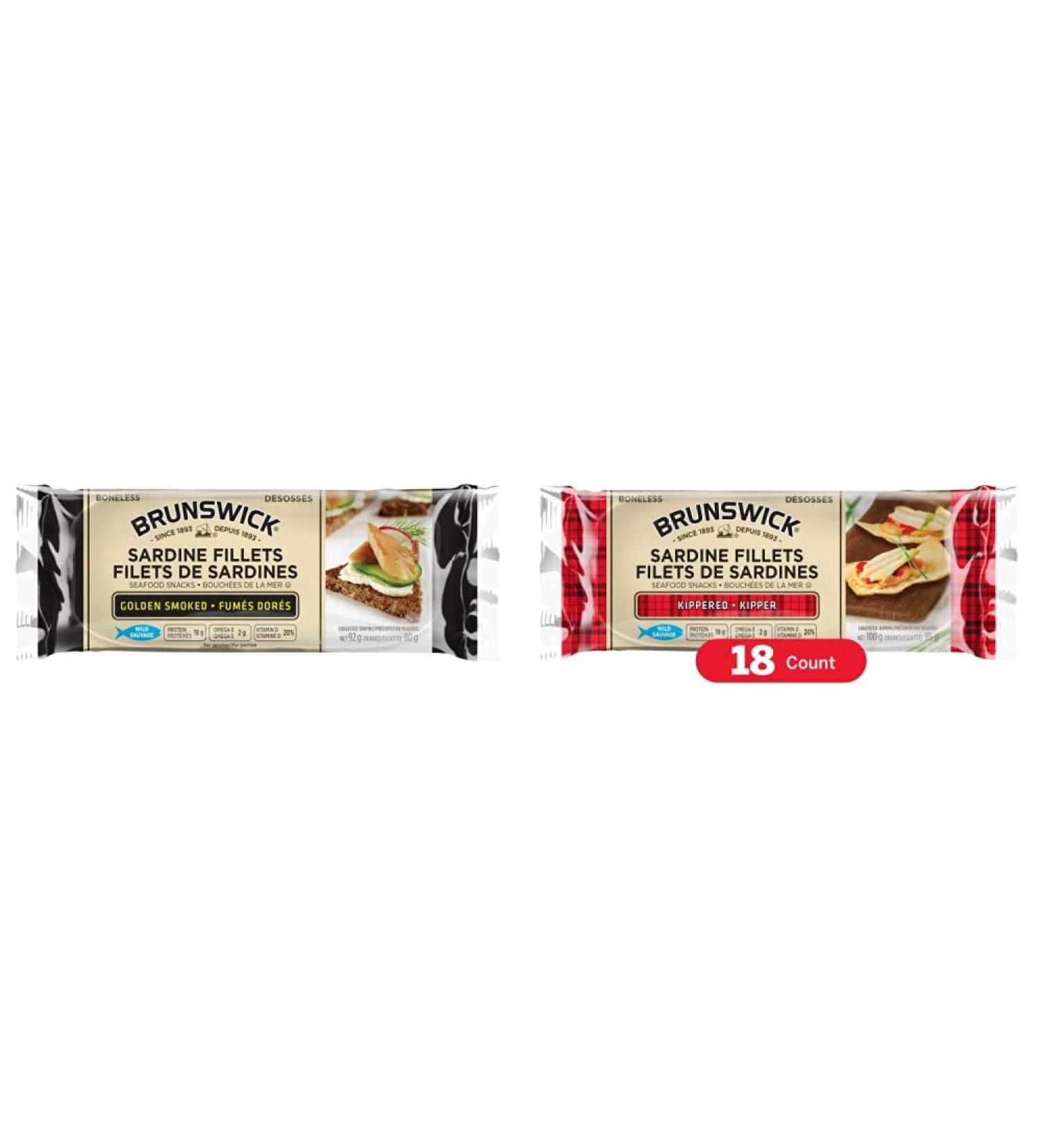 Brunswick Sardine Fillets Seafood Snacks Golden Smoked 92g 18 Count & Sardine Fillets Seafood Snacks Kippered 100g 18 Count Fish + Fish 18 Count - Buy Online on GoSupps.com