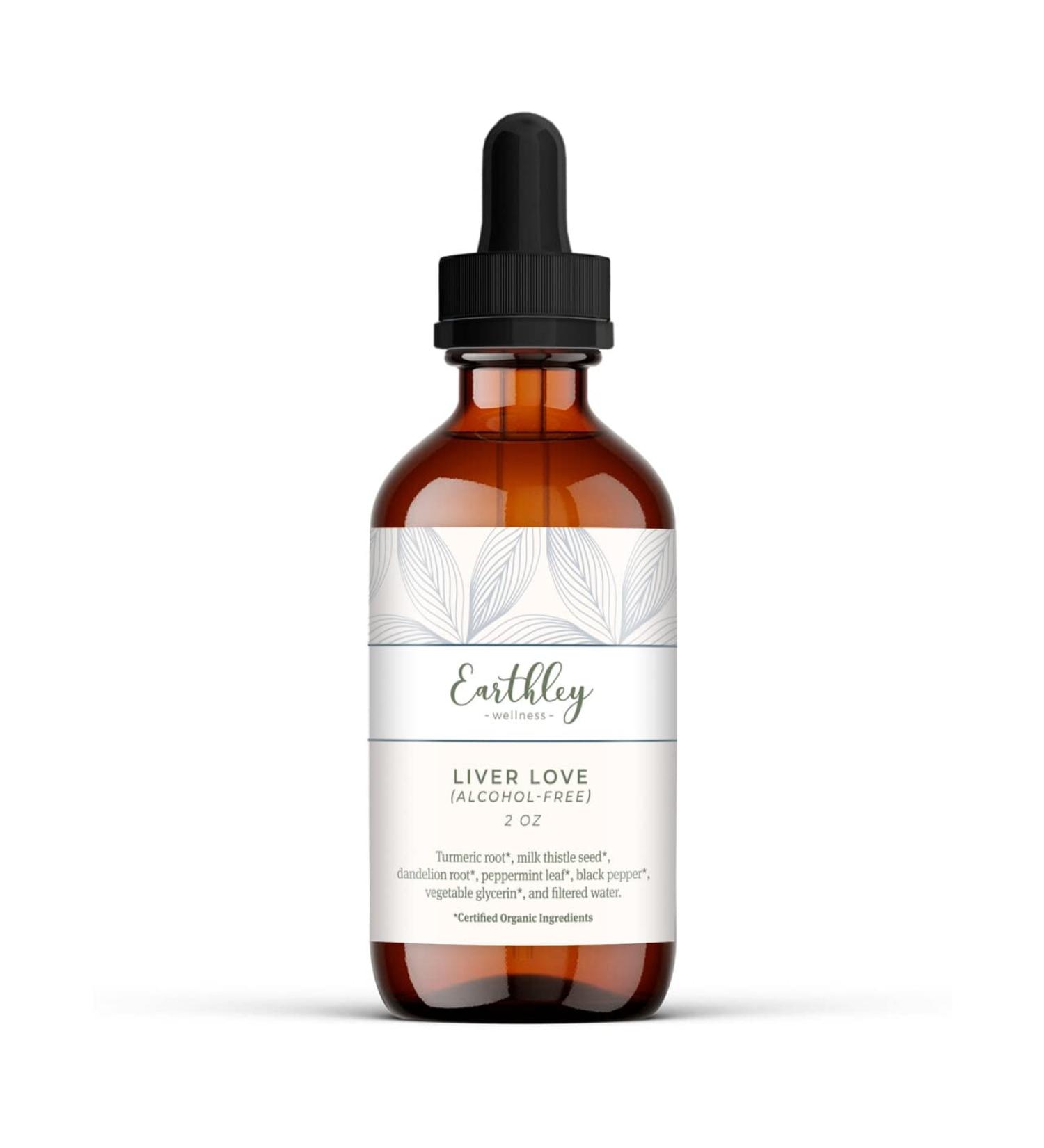 Earthley Wellness Liver Love Herbal Tincture Natural Liver Support Detox Support Turmeric Root Dandelion Root Peppermint Leaf Black Pepper 100% Organic 2oz (Alcohol-Free)