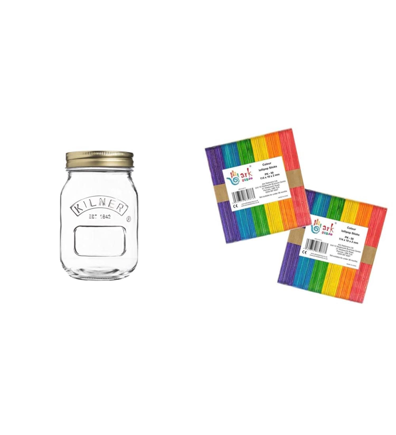 Kilner Round Glass Screw Top Lid Preservation Storage Jar 0.5 L & 2 x 50 Lollipop Craft Sticks (Natural or Colored) (Coloured) 0.5 Litre + Lollipop Craft Sticks - Buy Online on GoSupps.com