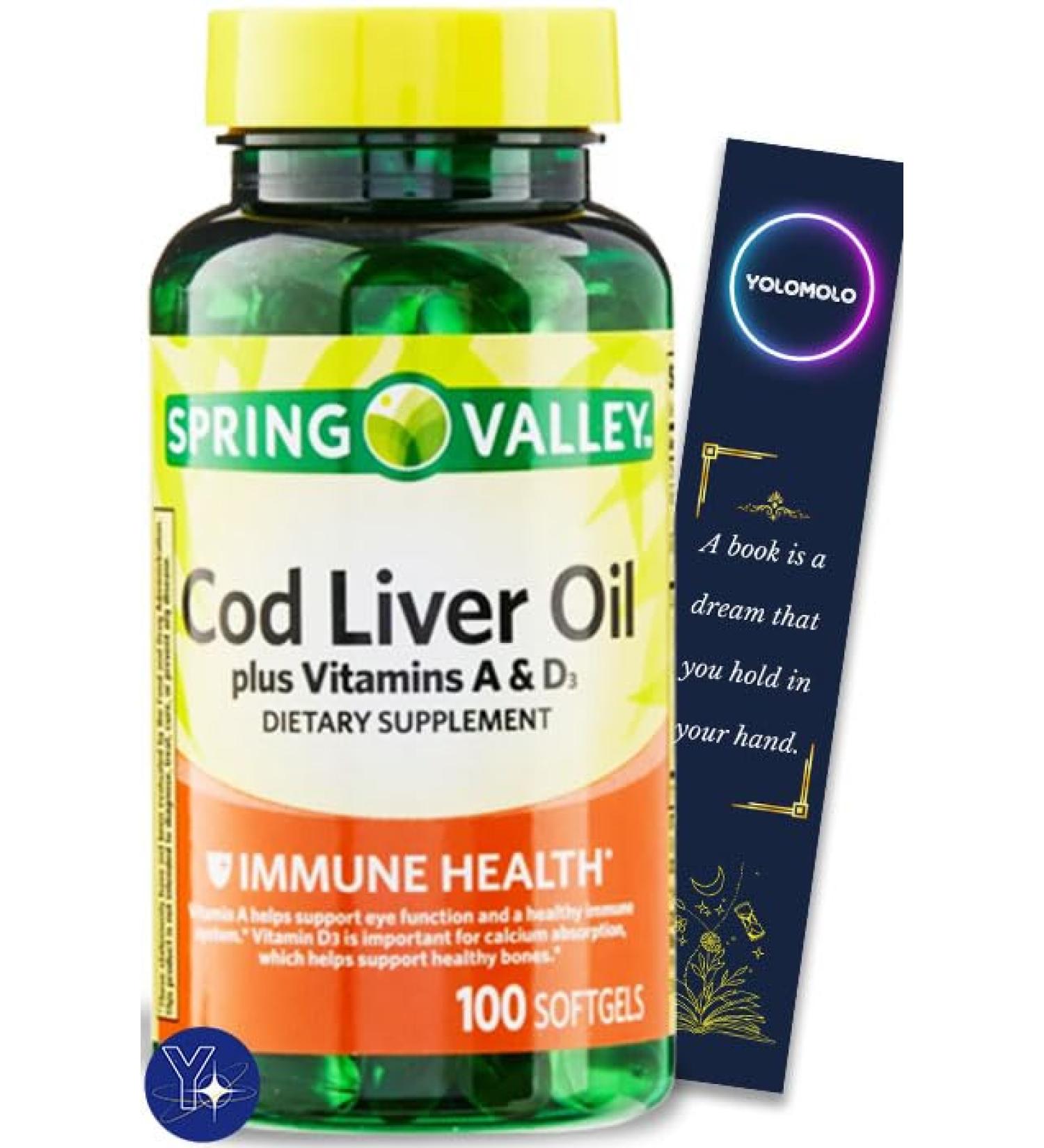 Cod Liver Oil Plus Vitamins A & D3 Immune Health Dietary Supplement Softgels Spring Valley 100 Count and Bookmark Gift of YOLOMOLO - Buy Online on GoSupps.com