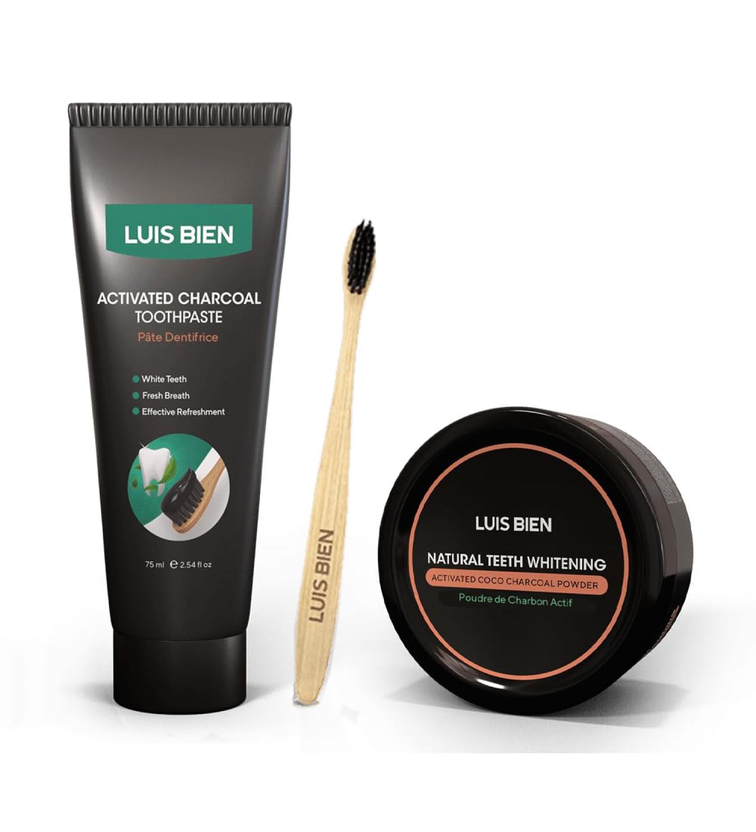 Luis Bien - Activated Charcoal Teeth Whitening & Care Kit - Bright Smile & Fresh Breath - Powder Toothpaste and Bamboo Toothbrush - 50g/75ml - Buy Online on GoSupps.com