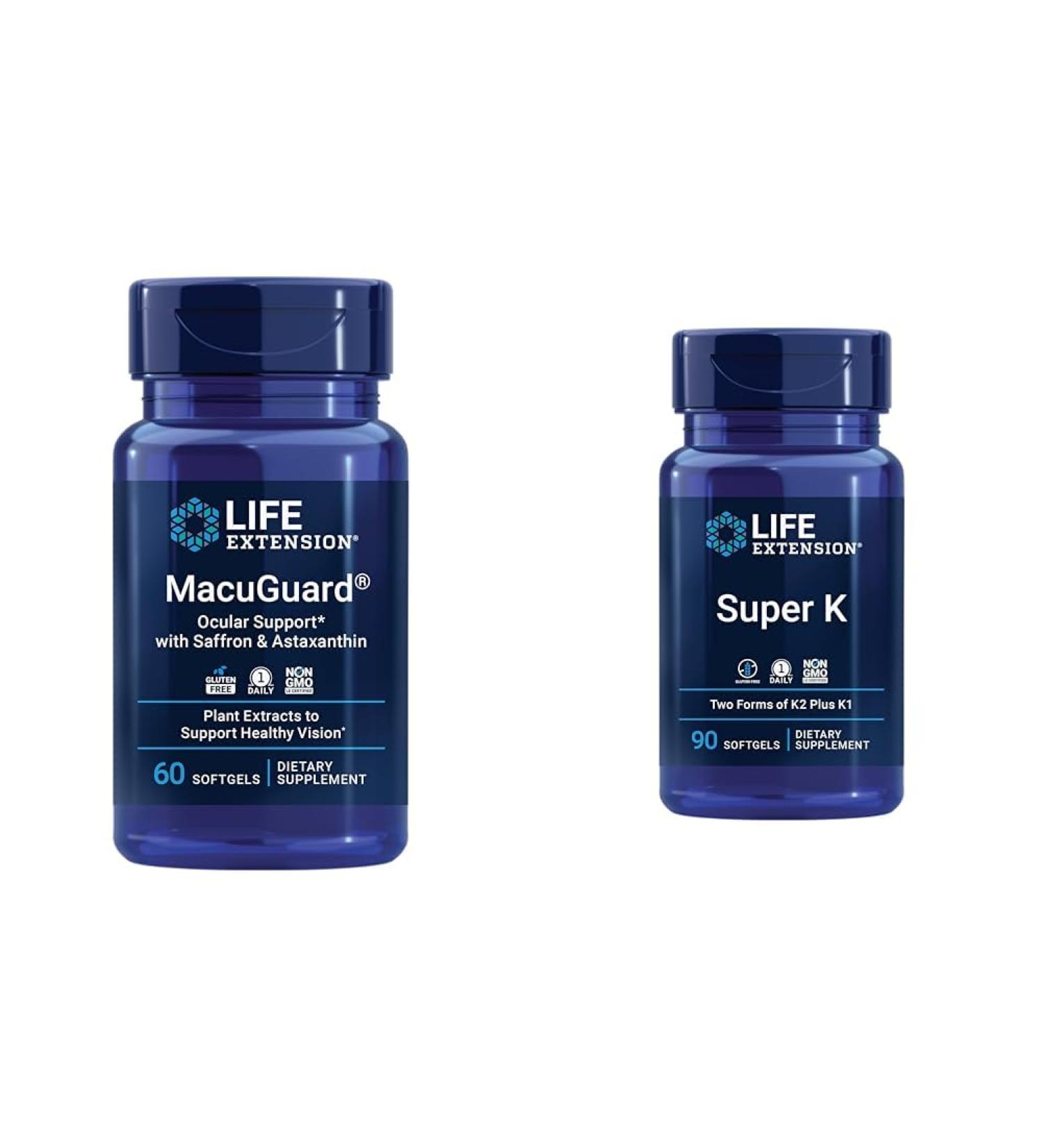 Life Extension Macuguard Eye Health Supplement with Lutein Meso-Zeaxanthin Saffron & Astaxanthin - 60 Count and Super K Vitamin K1 K2 MK-7 MK-4 Vitamin C - 90 Softgels - Buy Online on GoSupps.com