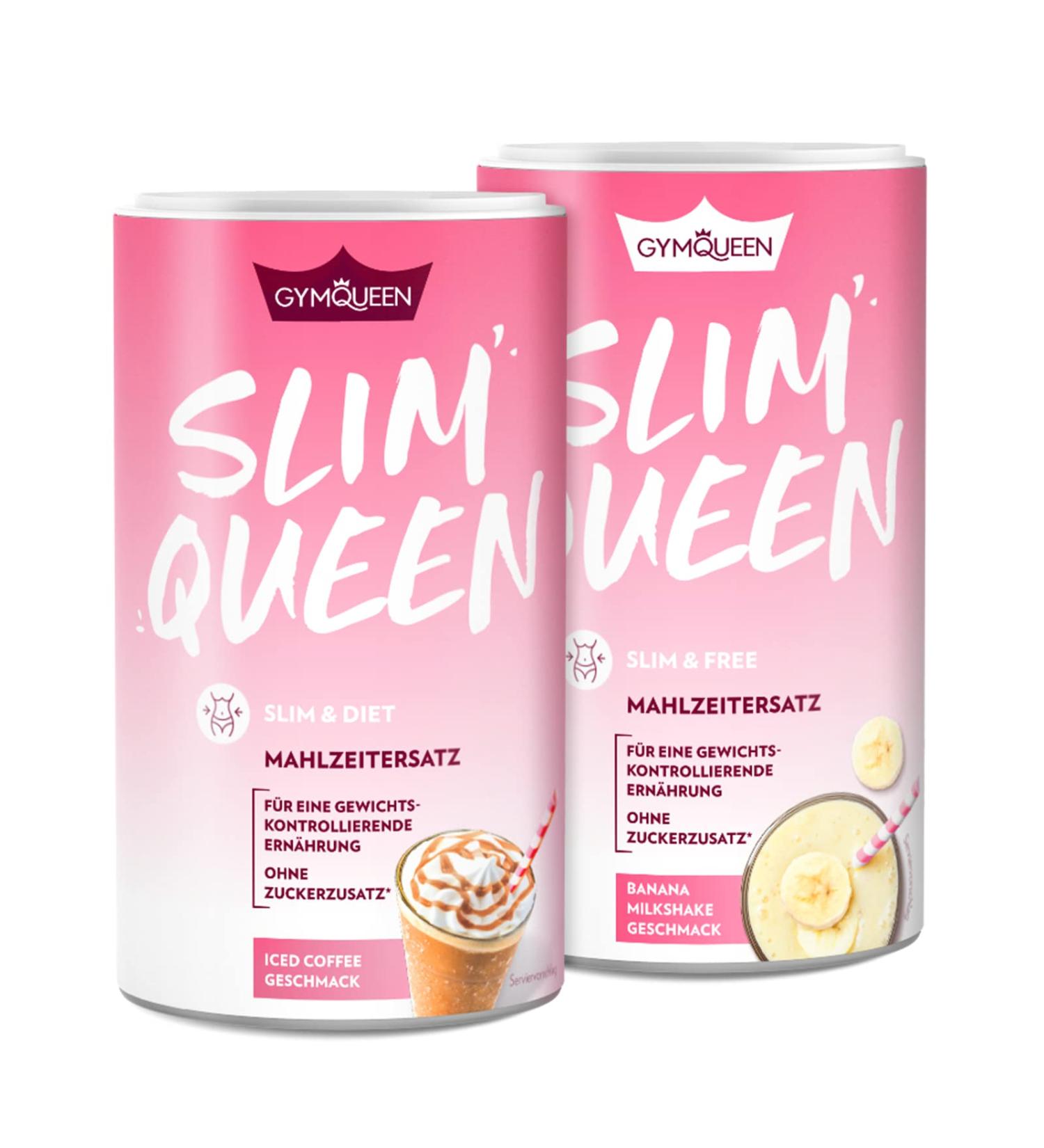 Gymqueen Slim Queen Weight Loss Shake 2x420g - Banana Milkshake & Iced Coffee | Delicious Diet Shake with Vitamins | 250 Kcal per Portion | Easy Weight Loss Meal Set - Buy Online on GoSupps.com
