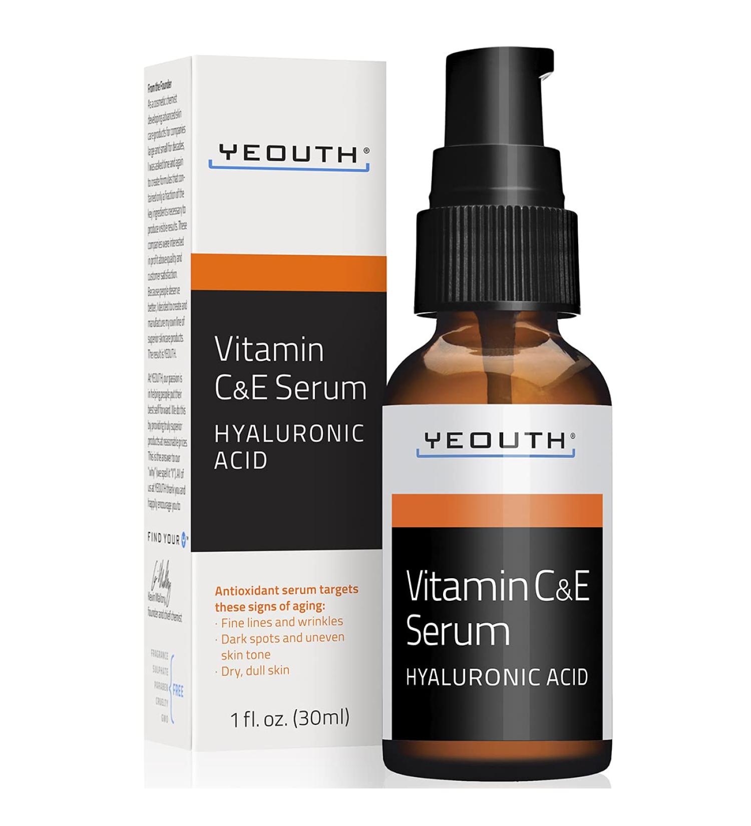 Yeouth Vitamin C & E Serum with Hyaluronic Acid - 1 fl oz (30 ml) | Radiant Skin Solution - Buy Online on GoSupps.com
