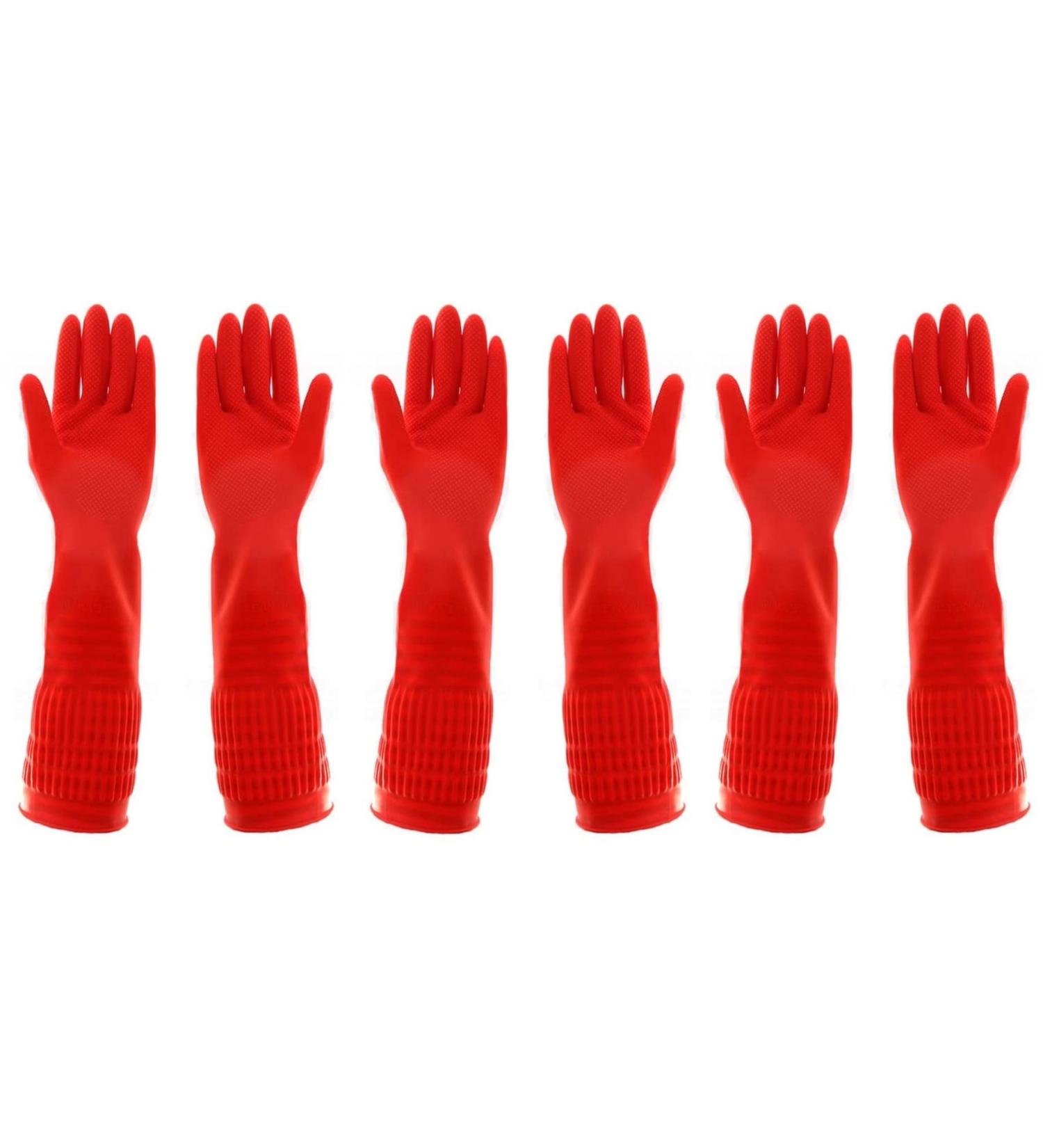 3 Pairs Heavy Duty Rubber Gloves with Extra Long Cuffs - Non-slip Grip, Durable Kitchen Gloves for Dishwashing, Cleaning, Gardening - Size L - Buy Online on GoSupps.com