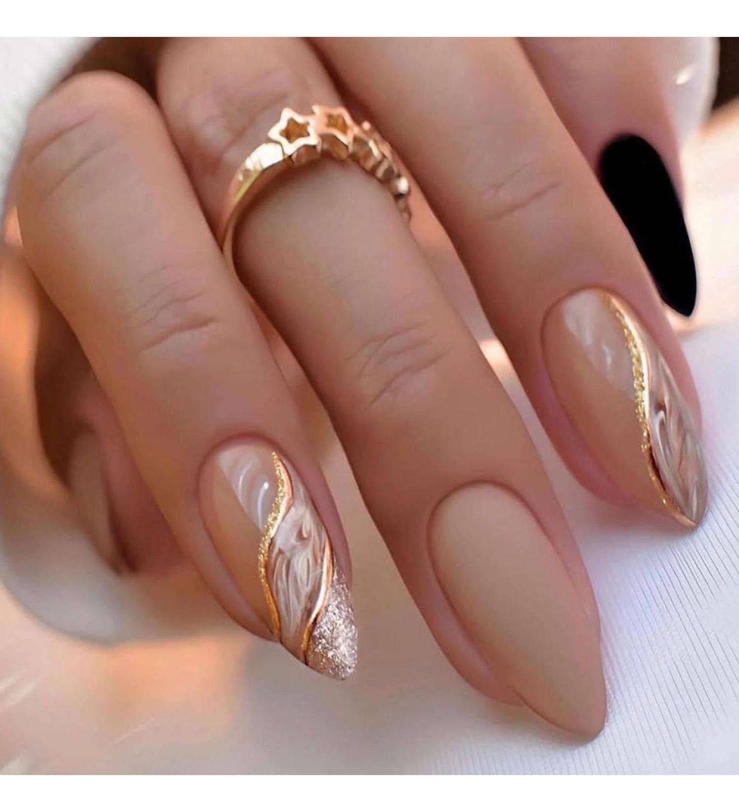Buy BAOYAALIN Almond Press on Nails Glitter Gold Swirl Design Full Cover Acrylic Fake Nails for Women & Girls 24 Pcs - Perfect for Weddings & Special Occasions - Buy Online on GoSupps.com