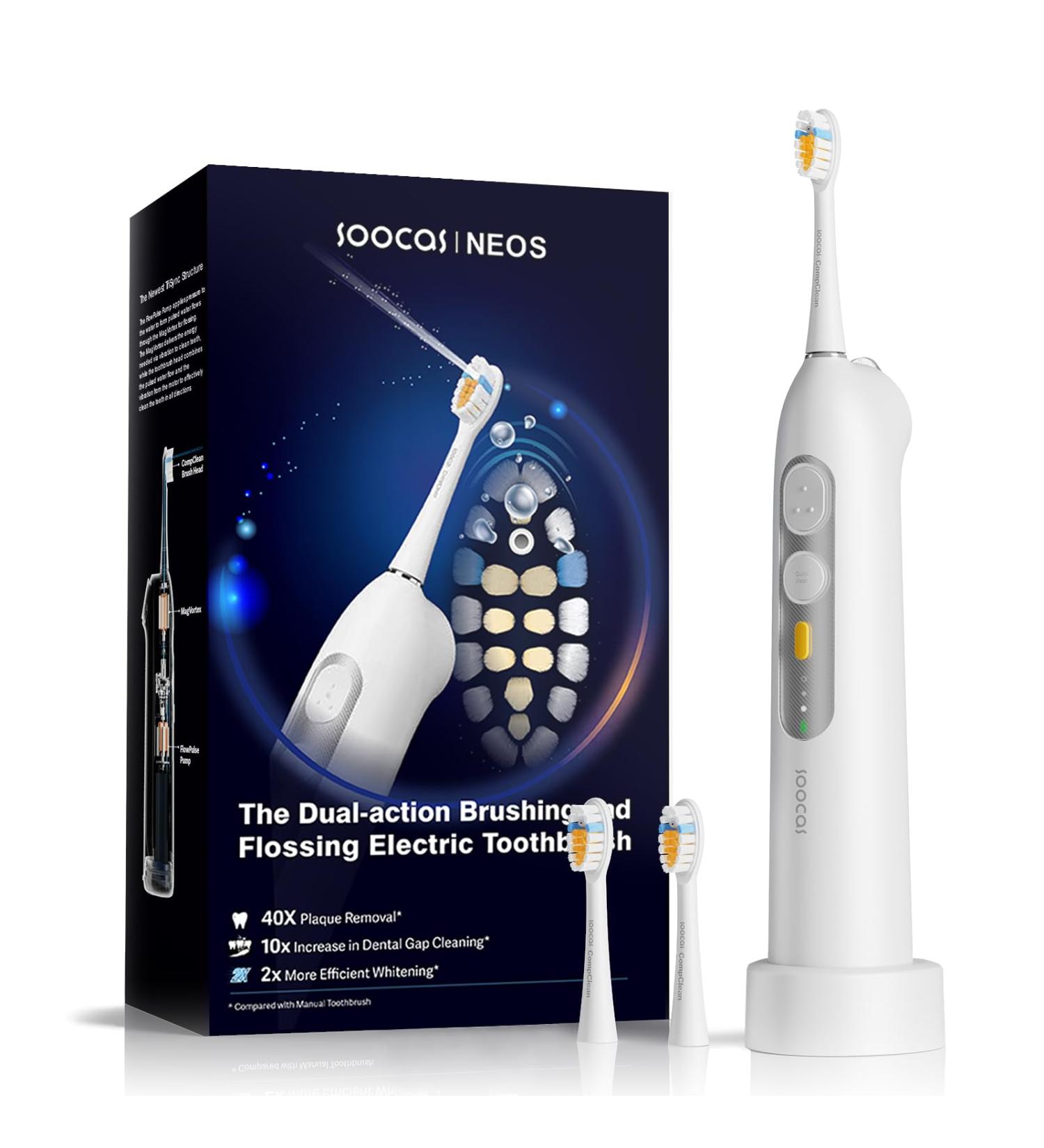 Soocas Neos Electric Toothbrush & Mouth Shower - 2-in-1 Portable Wireless Tooth Cleaning Kit 40x Plaque Removal Travel & Home Use White - Buy Online on GoSupps.com