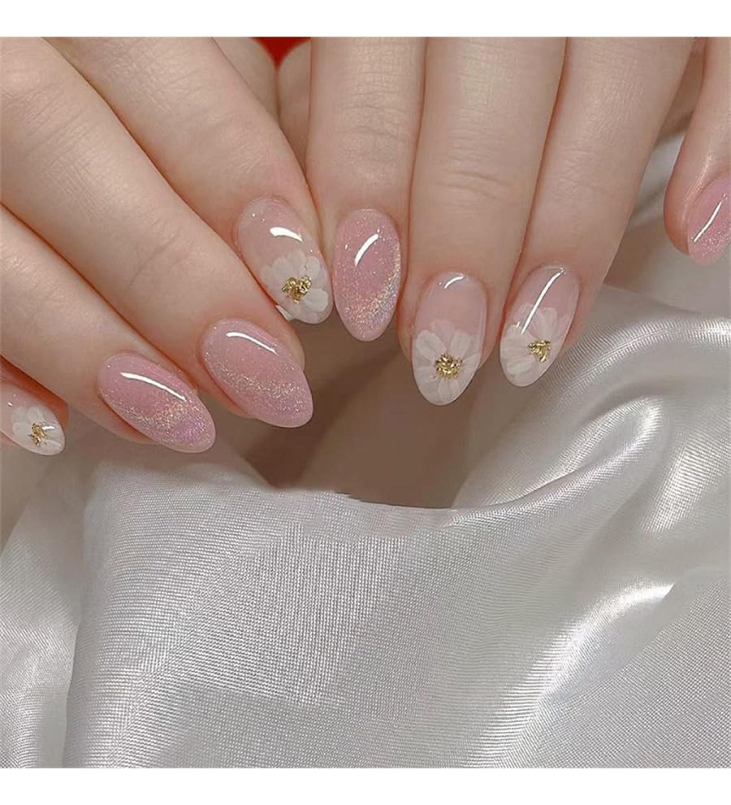 24Pcs/Set Press On Nails Naked Wearing Nail Powder Moisturizing Lotus Medium Long Oval False Nails Fake Nails Full Cover Nails Tips Artificial Finger Manicure Press on nails for Women and Girls - Buy Online on GoSupps.com