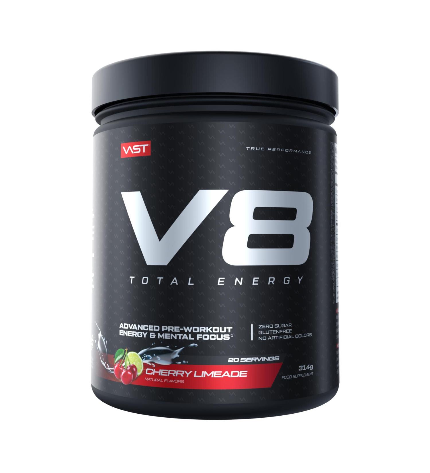 V8 Total Energy Pre Workout Booster - Vegan Sugar-Free Training Enhancer with Carnosyn & Betapower - 20 Portions - Cherry Limeade - Made in Germany - Buy Online on GoSupps.com