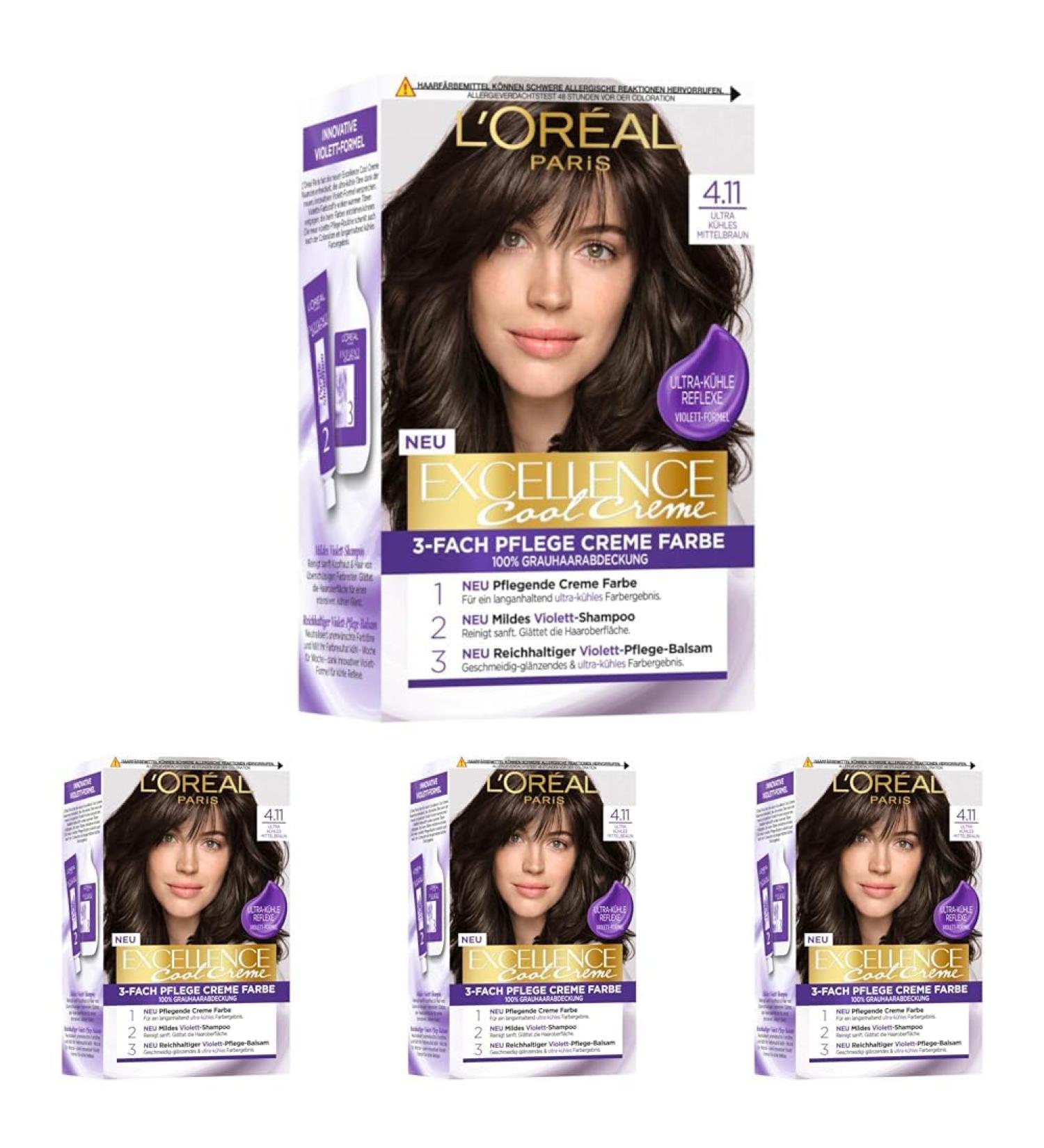 L'Or al Paris Permanent hair color with a color result 100% gray hair cover set with coloring shampoo and care cream excellence cool cream No. 4.11 Ultra cooling medium brown (brown) Ultra cooling middle brown (4 Pack)