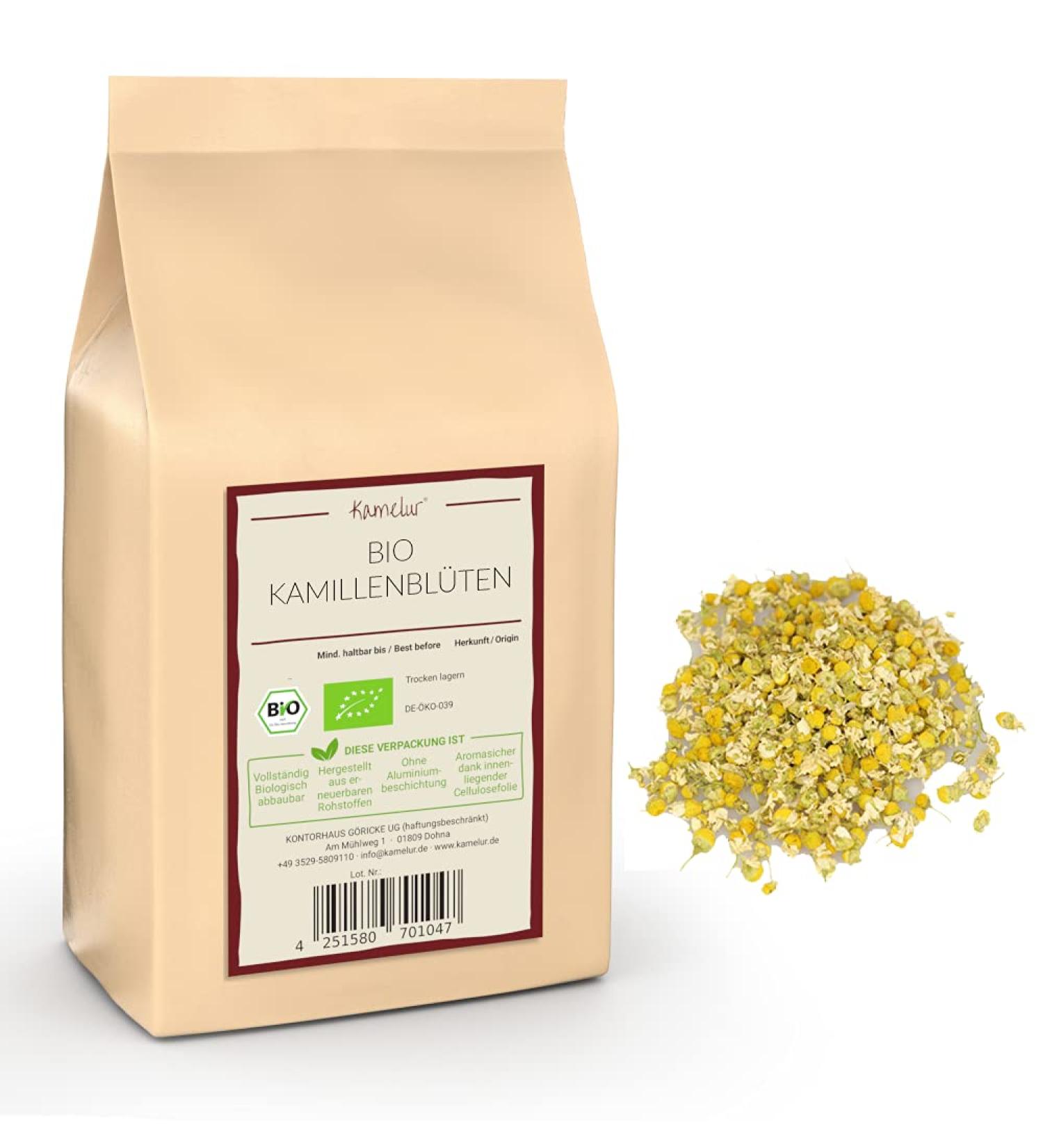 Kamelur 250 g organic whole chamomile flowers dried for organic chamomile tea - high quality organic chamomile tea without additives - ORGANIC chamomile flowers in biodegradable packaging - Buy Online on GoSupps.com