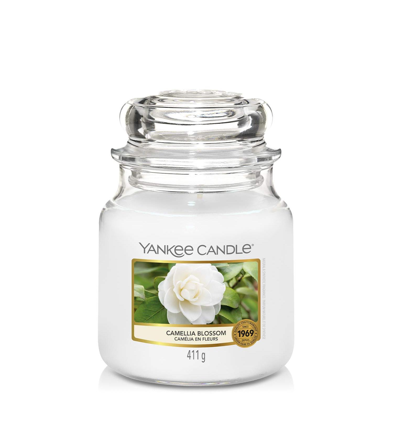 Yankee Candle Camellia Blossom - Medium Glass Fragrance Candle | 75 Hour Burn Time | Garden Hideaway Collection - Buy Online on GoSupps.com