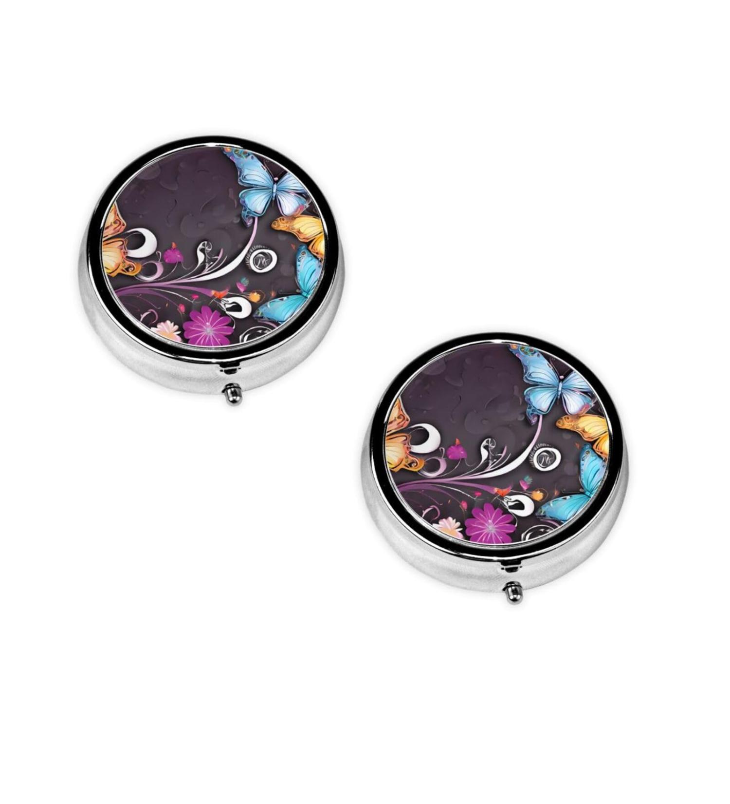 Butterflies Round Pill Box - 3 Compartment Mini Decorative Travel Organizer for Tablets Vitamins & Medicine - Buy Online on GoSupps.com