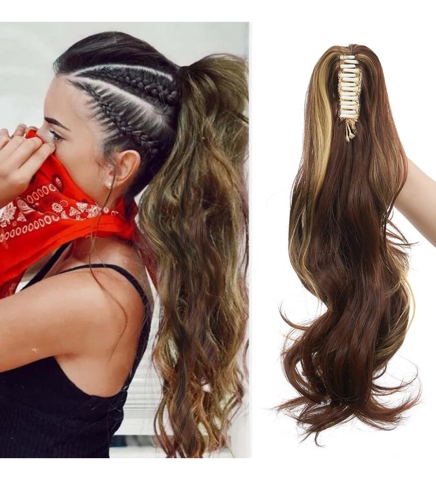 Claw On Ponytail Extension 18 Inch Curly Wavy Maroon & Blonde Synthetic Hairpiece - Buy Online on GoSupps.com