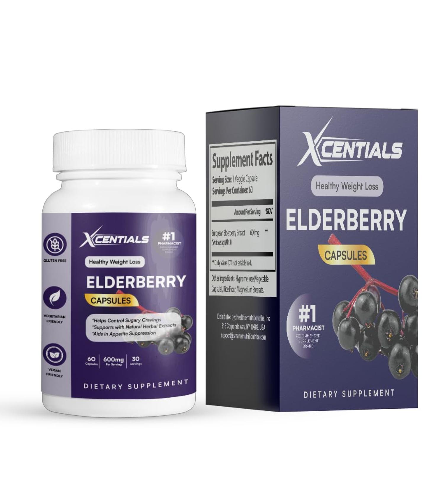 Xcentials Elderberry Supplement for Daily Immune & Antioxidant Support Non GMO 60 Vegan Capsules