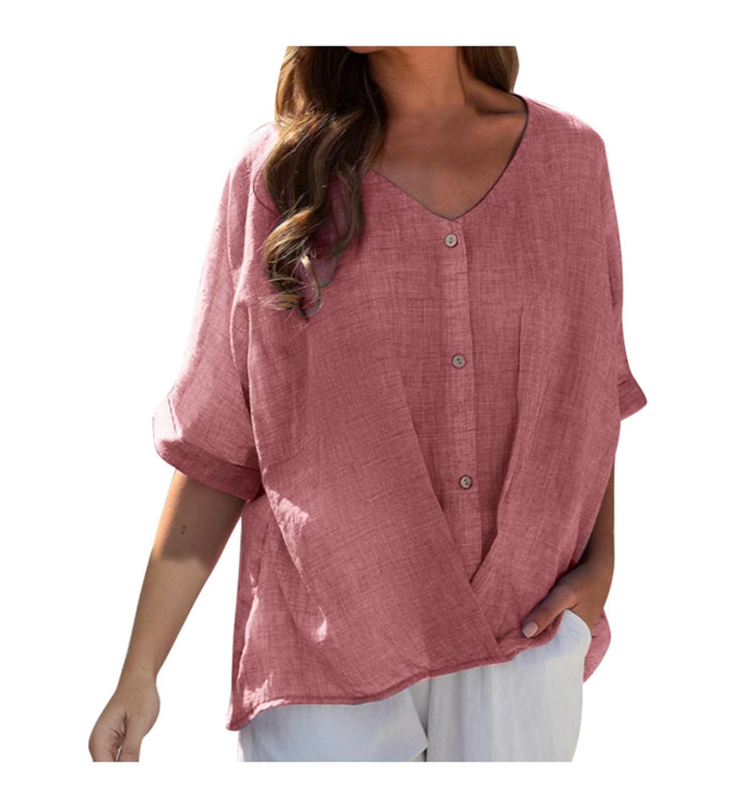 Women Linen Shirts Casual Short Sleeve V-Neck Blouses Button Ladies Work Office Loose Tshirt Basic Summer Tee Shirts 203-qppoj-pink-b XL - Buy Online on GoSupps.com