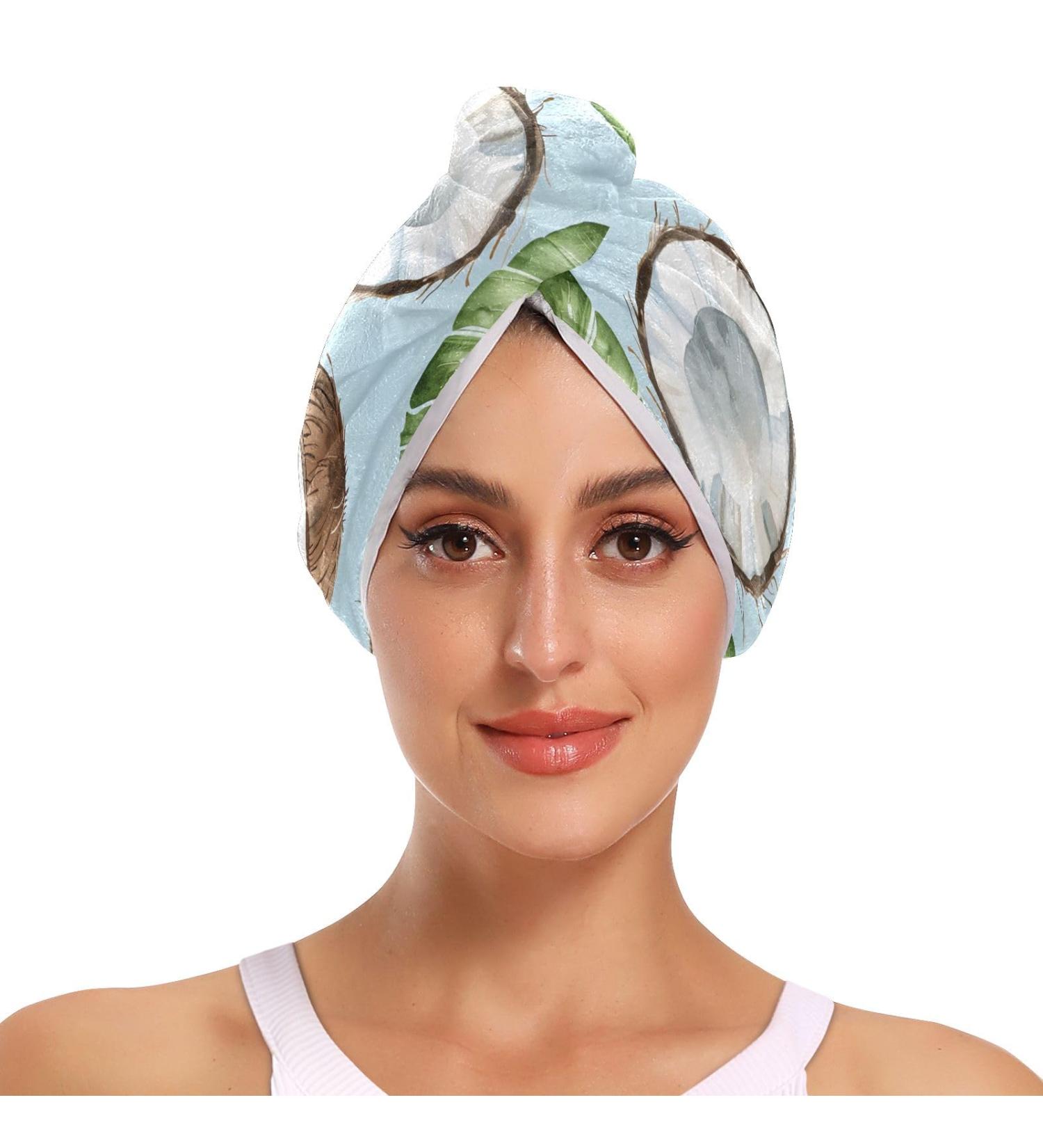 Watercolor Coconuts & Green Leaves Hair Towel 2 Pack - Super Absorbent Quick Dry Turbans for Women & Girls - Buy Online on GoSupps.com