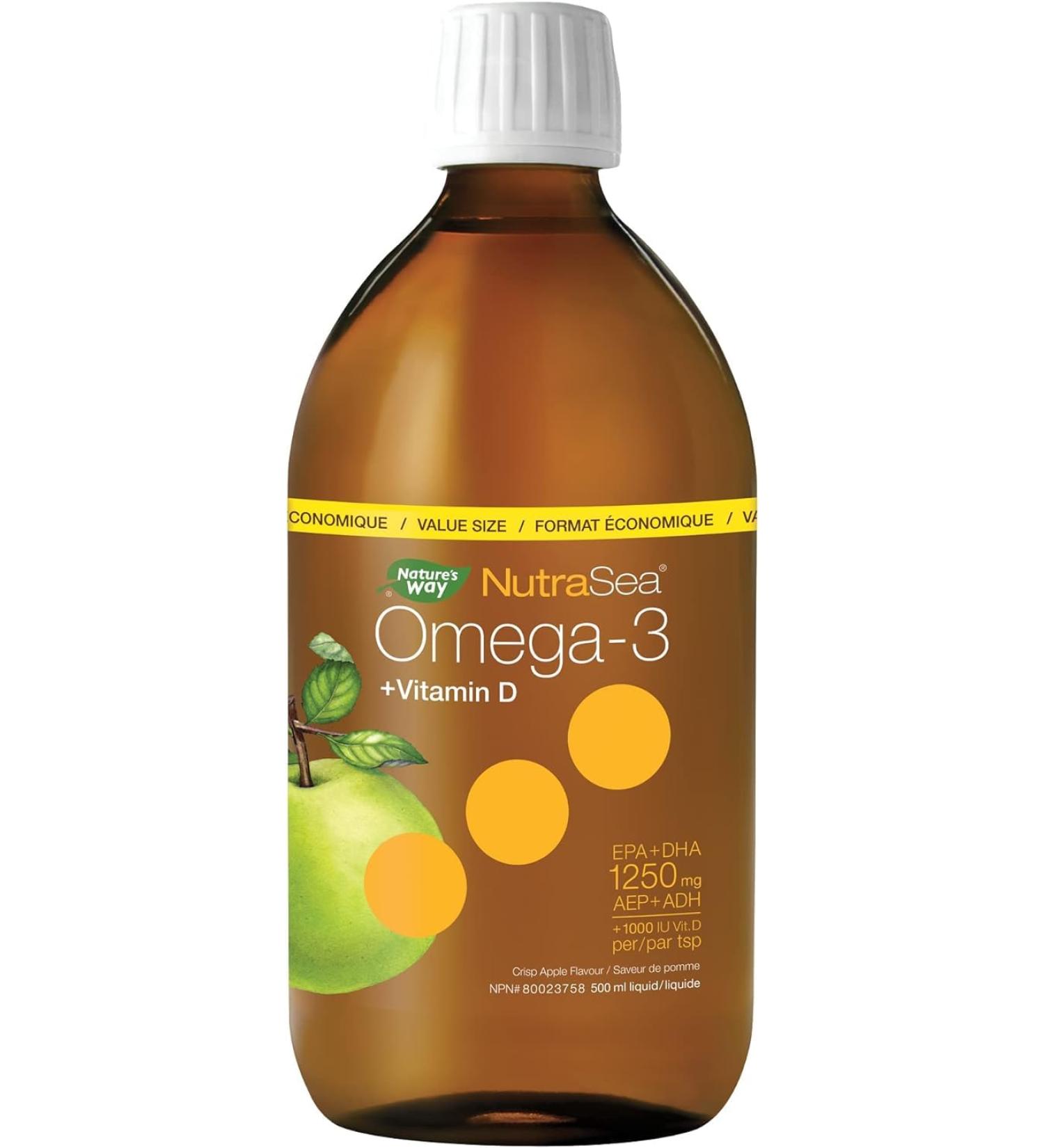 Nature's Way NutraSea Omega-3 and Vitamin D Supplement - Fish Oil with EPA and DHA Support Healthy Heart and Brain Help Build Strong Bones and Teeth & Help Support Immune System Crisp Apple Flavour 500 ml Liquid Value Size - Buy Online on GoSupps.com