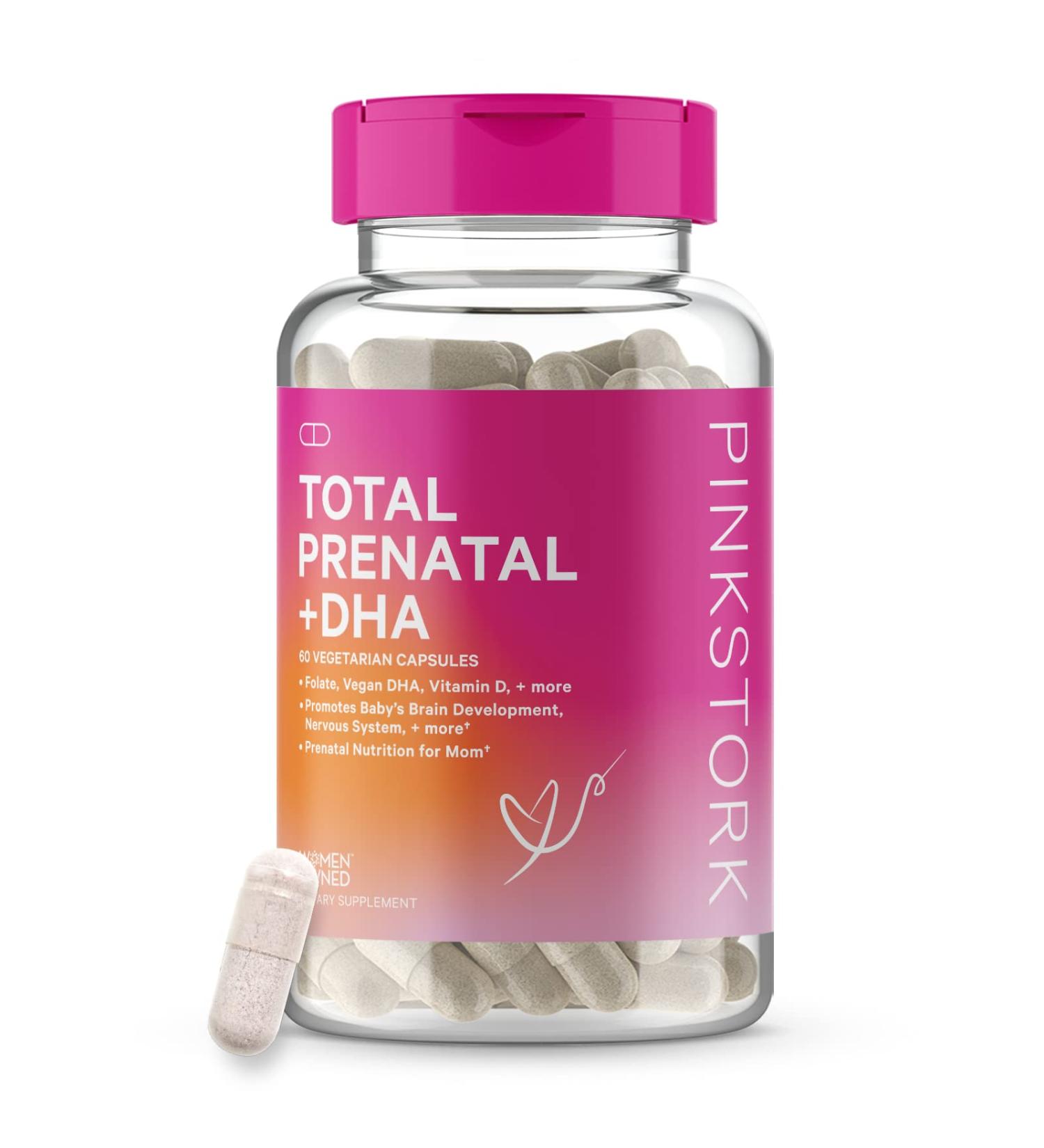 Pink Stork Total Prenatal Vitamin with DHA, Folic Acid, and Essential Nutrients - 60 Vegetarian Capsules - Buy Online on GoSupps.com