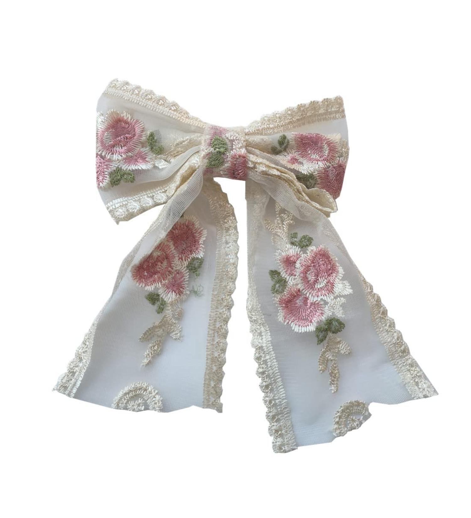 Beige Double Layer Lace Bow Hair Clip for Women - Romantic Flower Dot Mesh Hairpin for Wedding, Party, Valentine's, Birthday - Buy Online on GoSupps.com