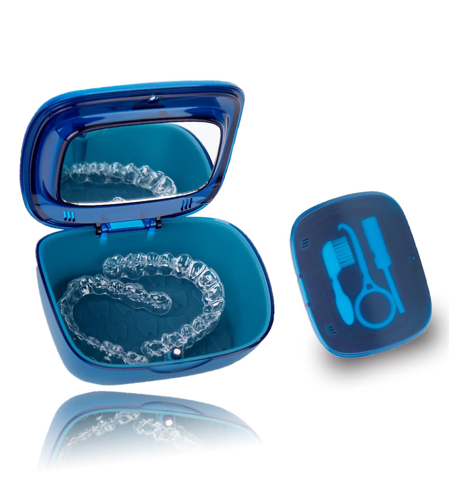 Double Layer Dentures Retainer Case with Vent Holes and Mirror - Blue | Portable Orthodontic Appliance for Travel Storage - Buy Online on GoSupps.com