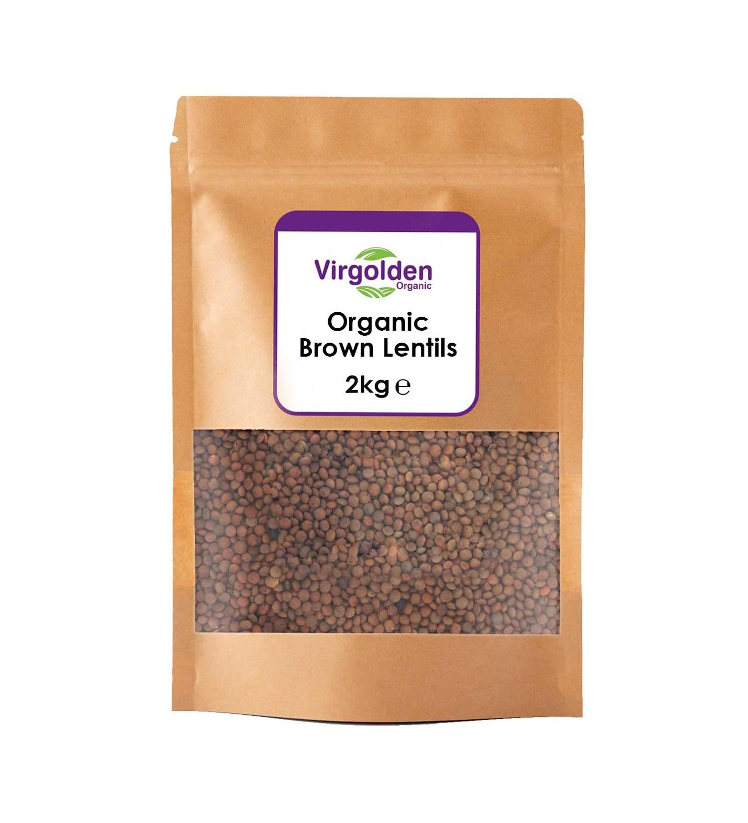 Organic Brown Lentils 2kg by Virgolden Organic - High Protein Raw Vegan GMO-Free - Perfect for Soups Salads Soups Curries - Nutritious and Flavorful - Buy Online on GoSupps.com
