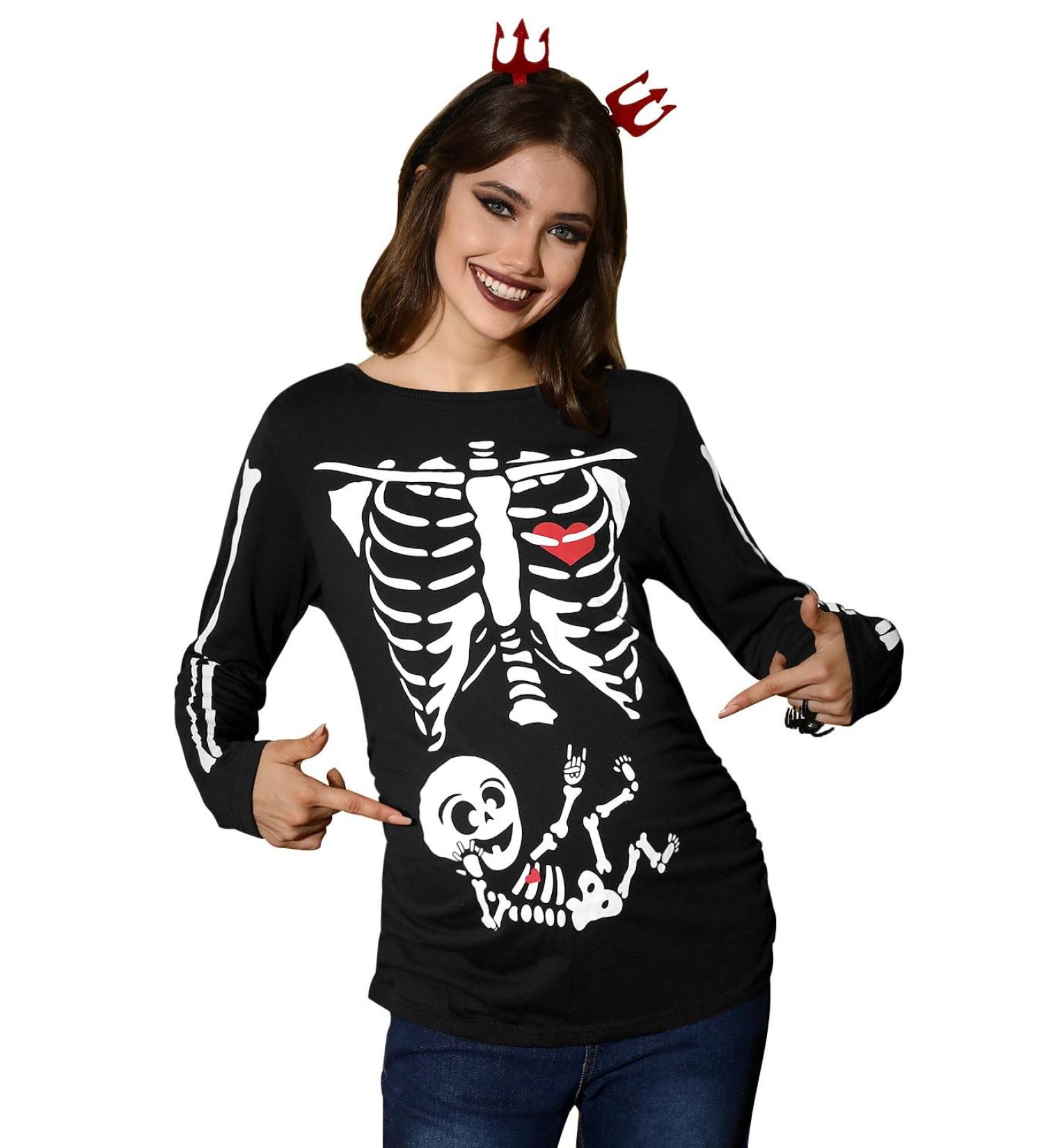 G and PL Halloween Women's Pregnancy Top | Long Sleeve Maternity Funny Costume | S-XXL | Skeleton Baby Print - Buy Online on GoSupps.com