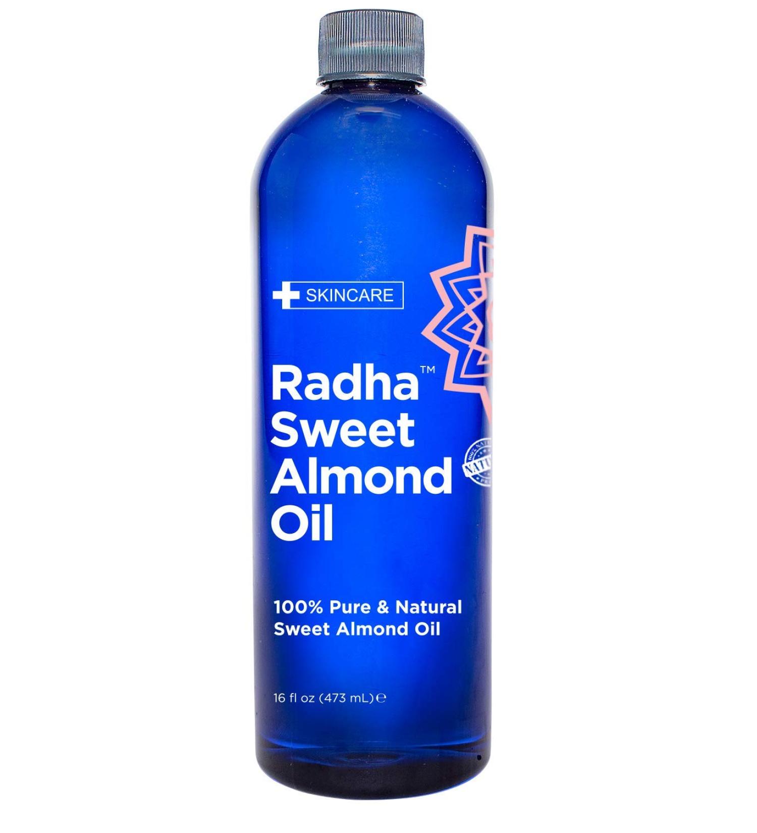 Radha Beauty Sweet Almond Oil - 100% Pure Carrier Oil for Aromatherapy, Hair & Skin - 16 fl oz with Pump - Buy Online on GoSupps.com