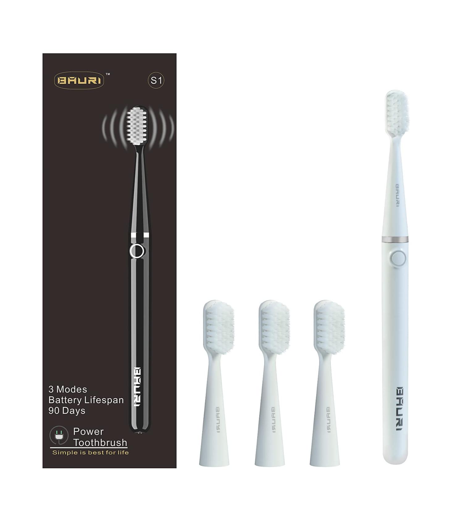 Bauri Electric Toothbrush - Rechargeable Sonic Toothbrush with 3 Brush Heads Slim Design IPX7 Waterproof 3 Modes - Ideal for Smart Oral Care - Buy Online on GoSupps.com