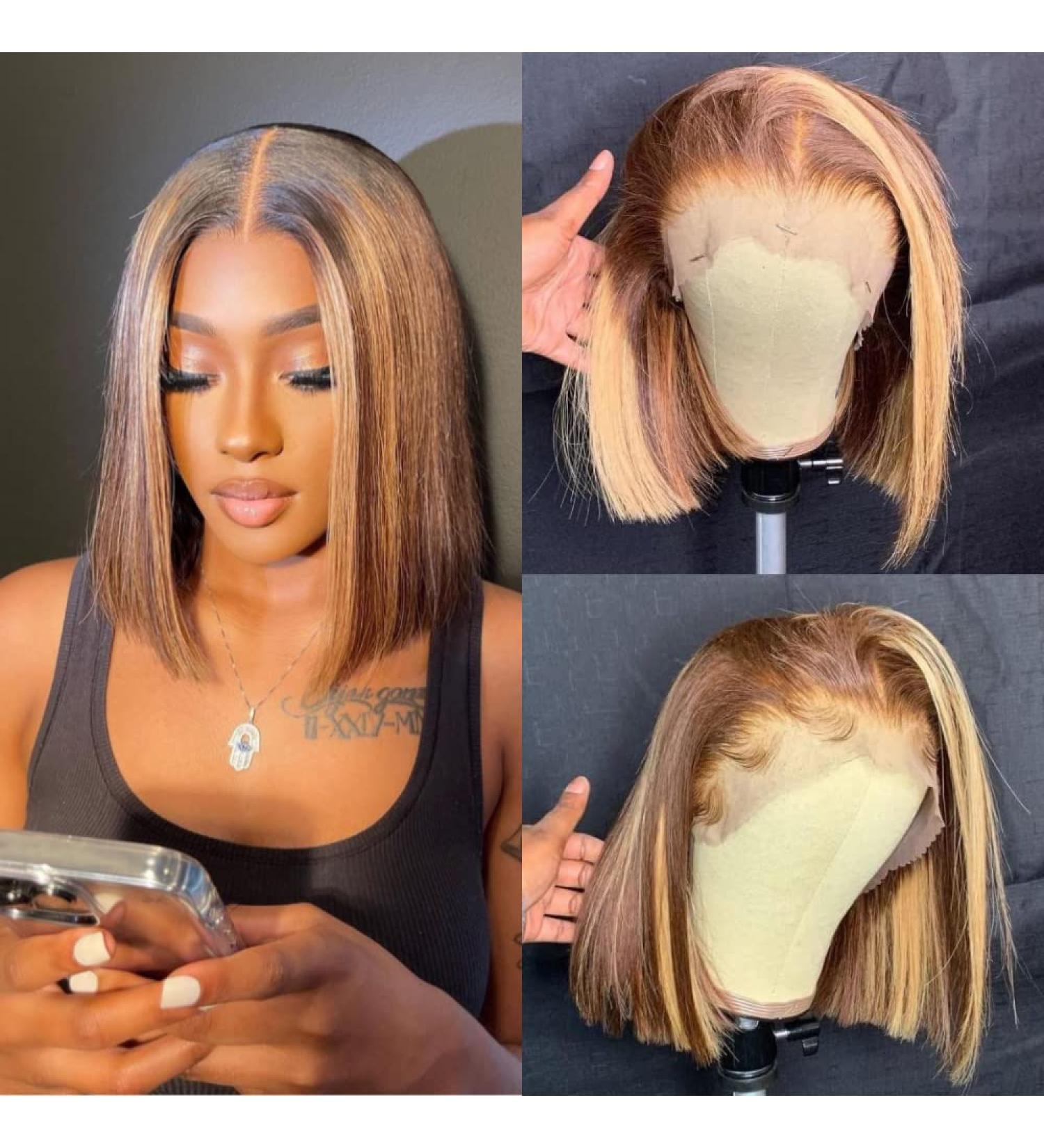 Blonde Highlight Bob Wig | Ombre Brown Honey Blonde Human Hair | 150% Density | 12 Inch Short Colored Wig for Black Women - Buy Online on GoSupps.com