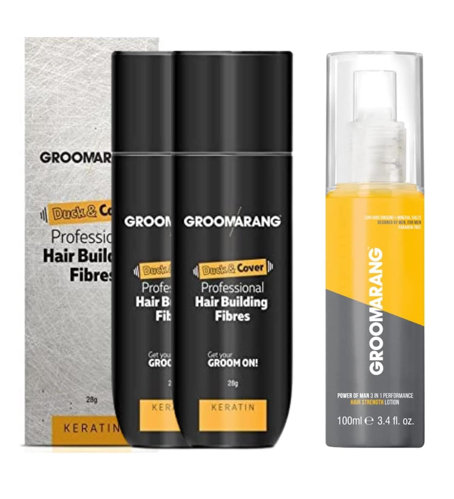 Hair fibres X2 Groomarang Keratin-Haarbaufaser for thinning hair immediately hides thinner areas for fuller hair cleverly conceals thinner areas.