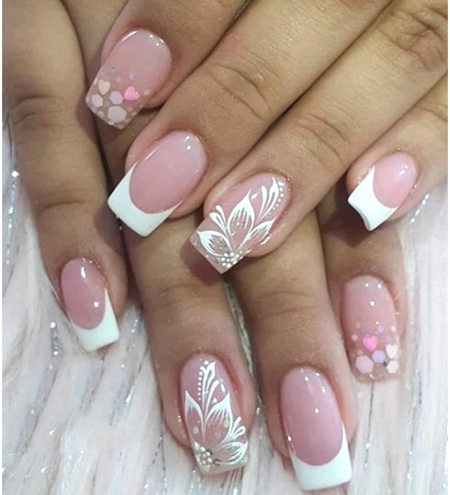 Pink French Nails Press on with Flower Heart Design - 24pcs Medium Length Square Fake Nails for Women and Girls - Buy Online on GoSupps.com
