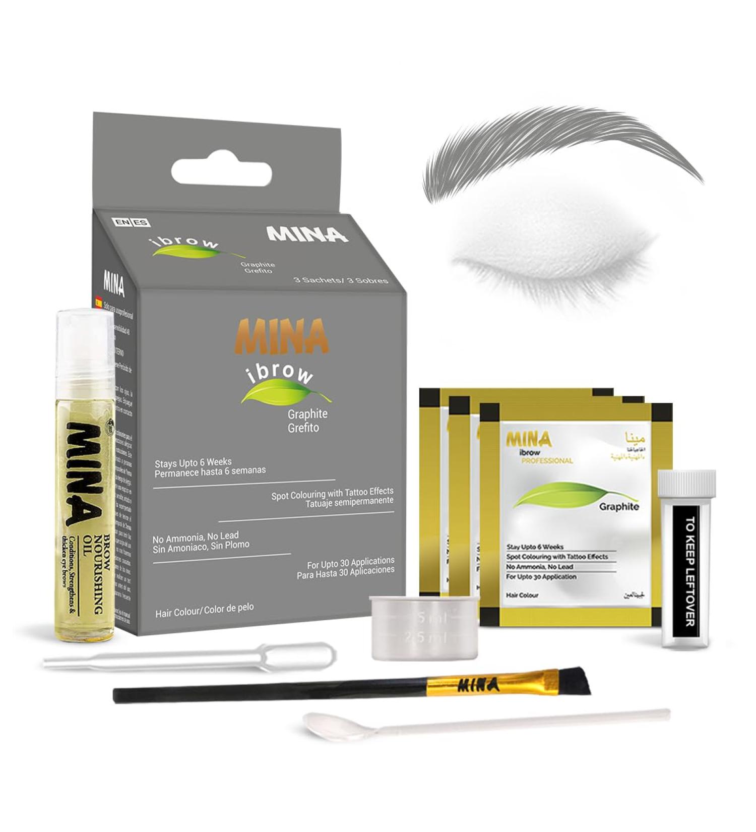 Mina Eyebrow Hair Color - Natural Tinting Powder | Water & Smudge Proof | No Ammonia No Lead | 100% Gray Coverage | Vegan & Cruelty-Free (Graphite + Oil + Brush - Buy Online on GoSupps.com