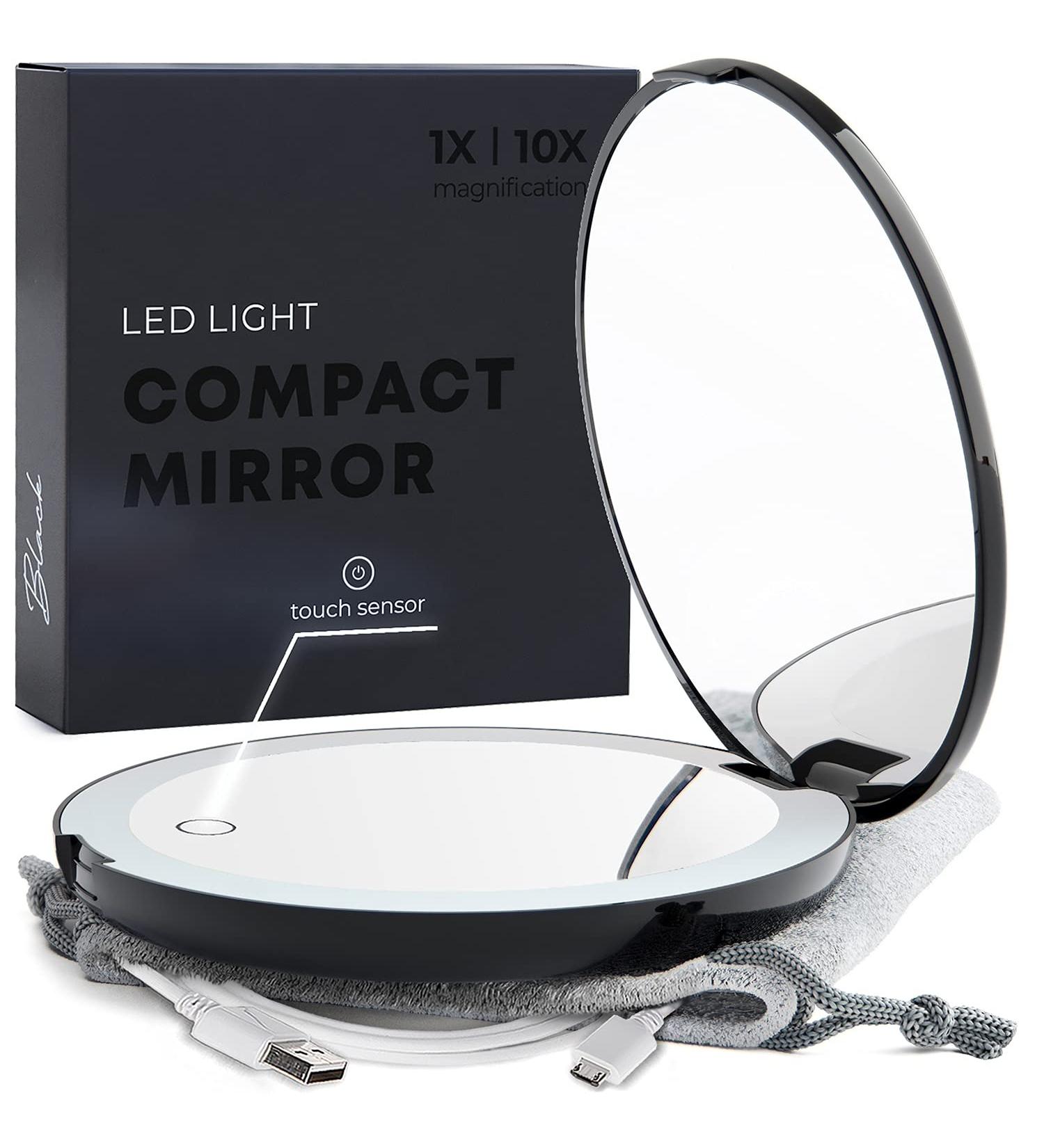 Mavoro LED Lighted Travel Makeup Mirror - Rechargeable 1x/10x Magnification - Daylight LED - Portable Touch Sensor Mirror - USB Charging (Black) - Buy Online on GoSupps.com