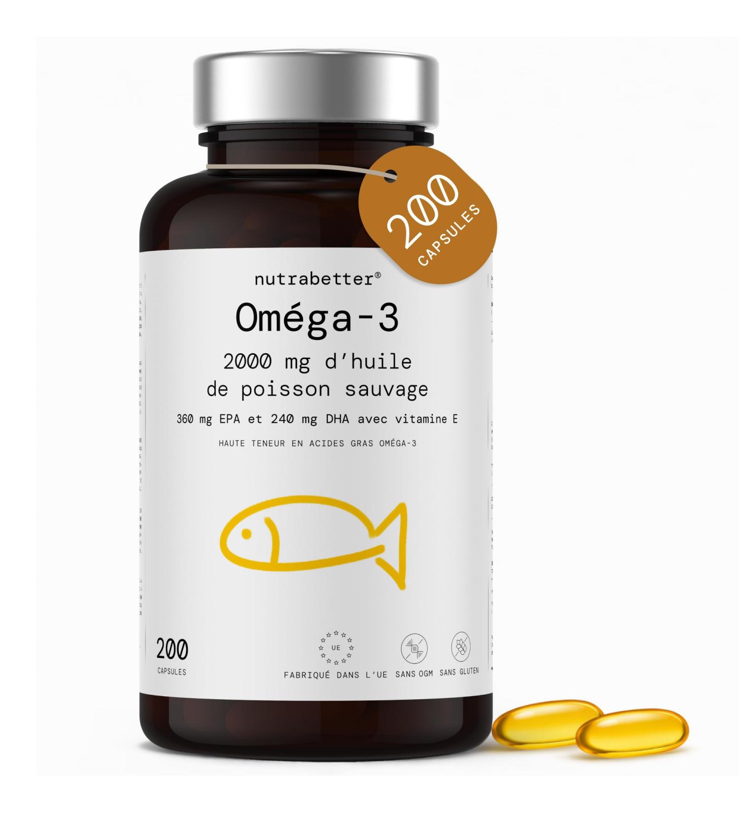 Om ga 3 2000 mg Huile de Poisson | 200 Capsules Omega 3 | 360 mg EPA & 240 mg DHA + Vitamine E | Qualit Test e | C ur & Bien- tre (EFSA) | Fabriqu dans l UE | nutrabetter  - Buy Online on GoSupps.com