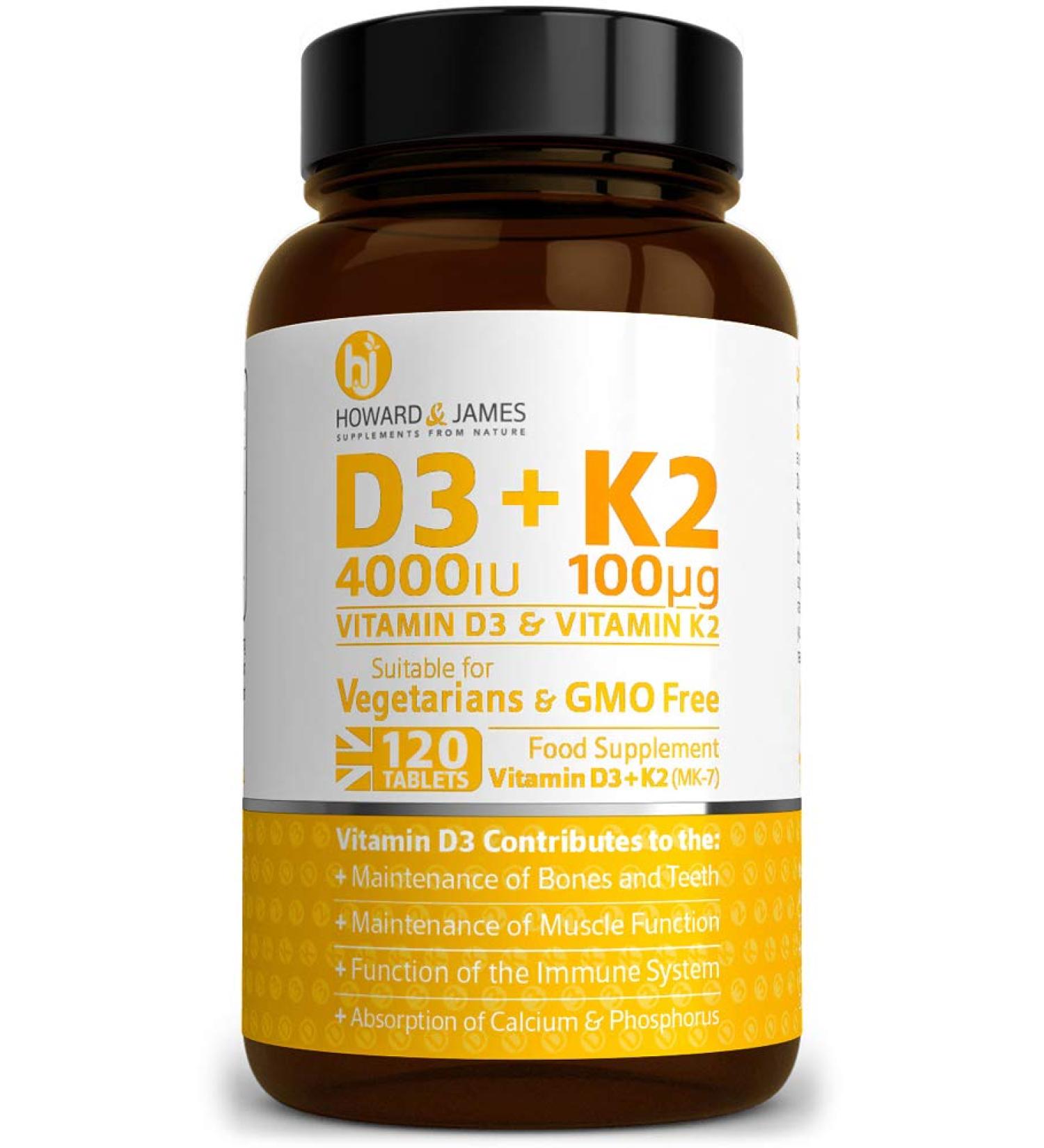 High Strength Vitamin D3 4000iu + K2 100ug 120 Vegetarian Tablets by HOWARD & JAMES - Buy Online on GoSupps.com