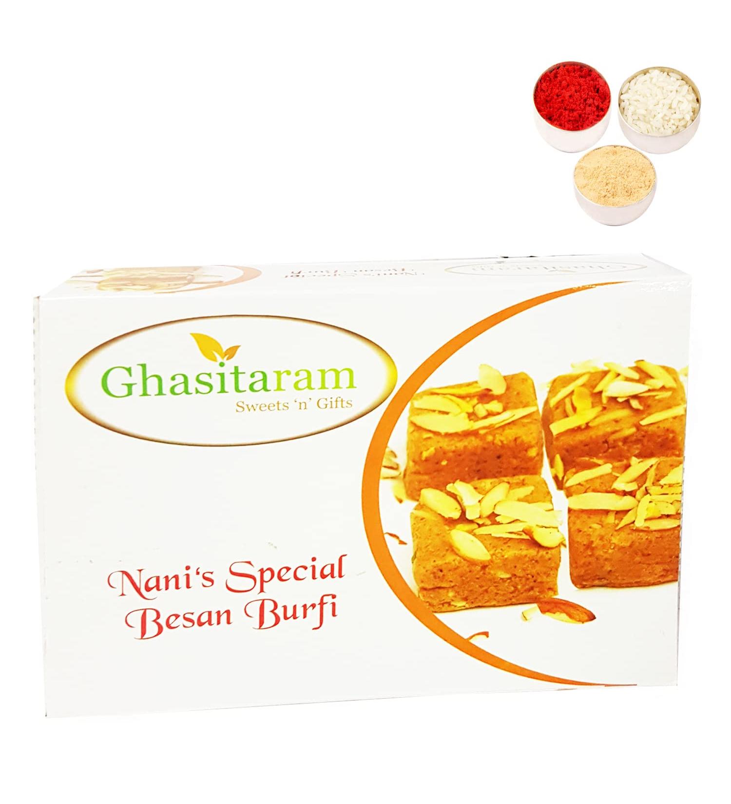 Ghasitaram Gifts Bhaidooj Gifts for Brothers - Nani's Special Besan Barfi 200 GMS Bhaidooj Gifts for Brothers - Besan Barfi 200 gms - Buy Online on GoSupps.com
