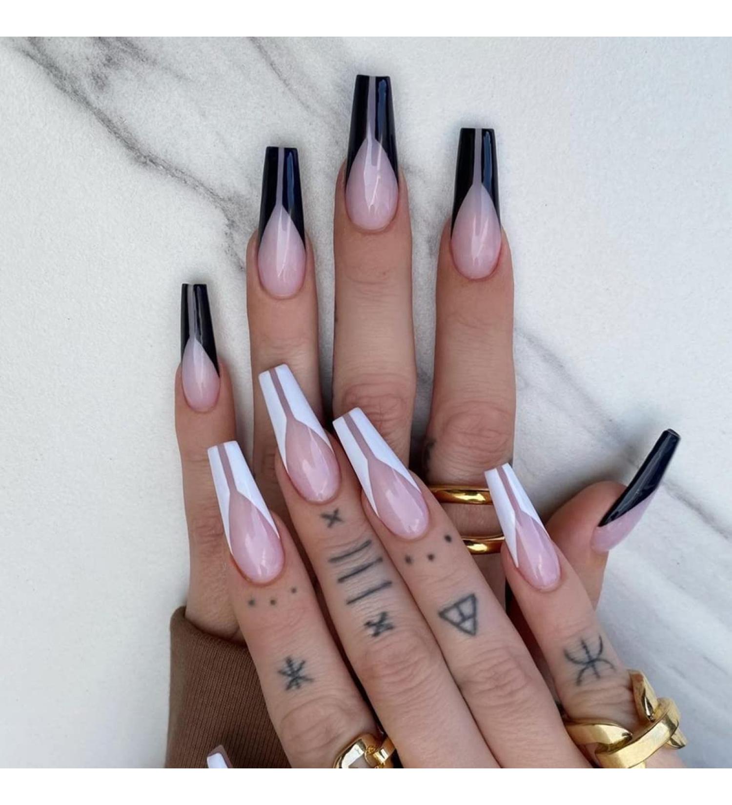 24 Pieces Glossy Black & White Ballerina Press-On Nails | Full Cover Nail Tips for Women & Girls | Nail Art Decoration - Buy Online on GoSupps.com