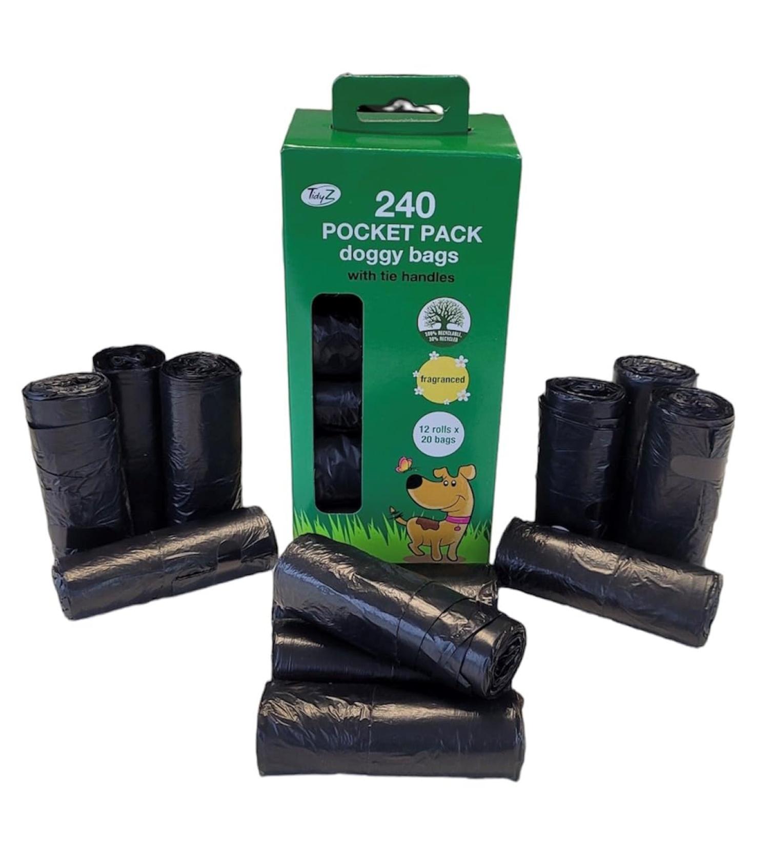 TidyZ 240 DOGGY BAGS WITH TIE HANDLES POCKET PACK FRAGRANCED BLACK (12 rolls of 20 Bags) - Buy Online on GoSupps.com