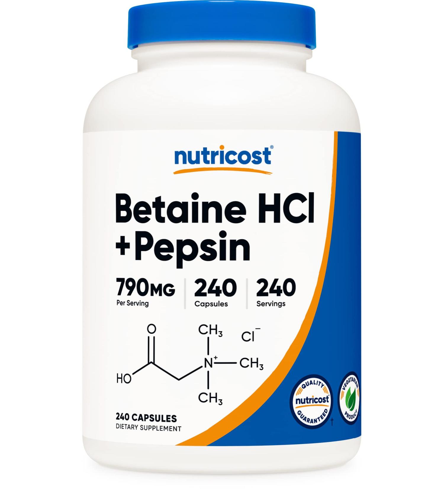 Nutricost Betaine HCl + Pepsin 790mg Capsules - 240 Count, Gluten Free & Non-GMO - Buy Online on GoSupps.com