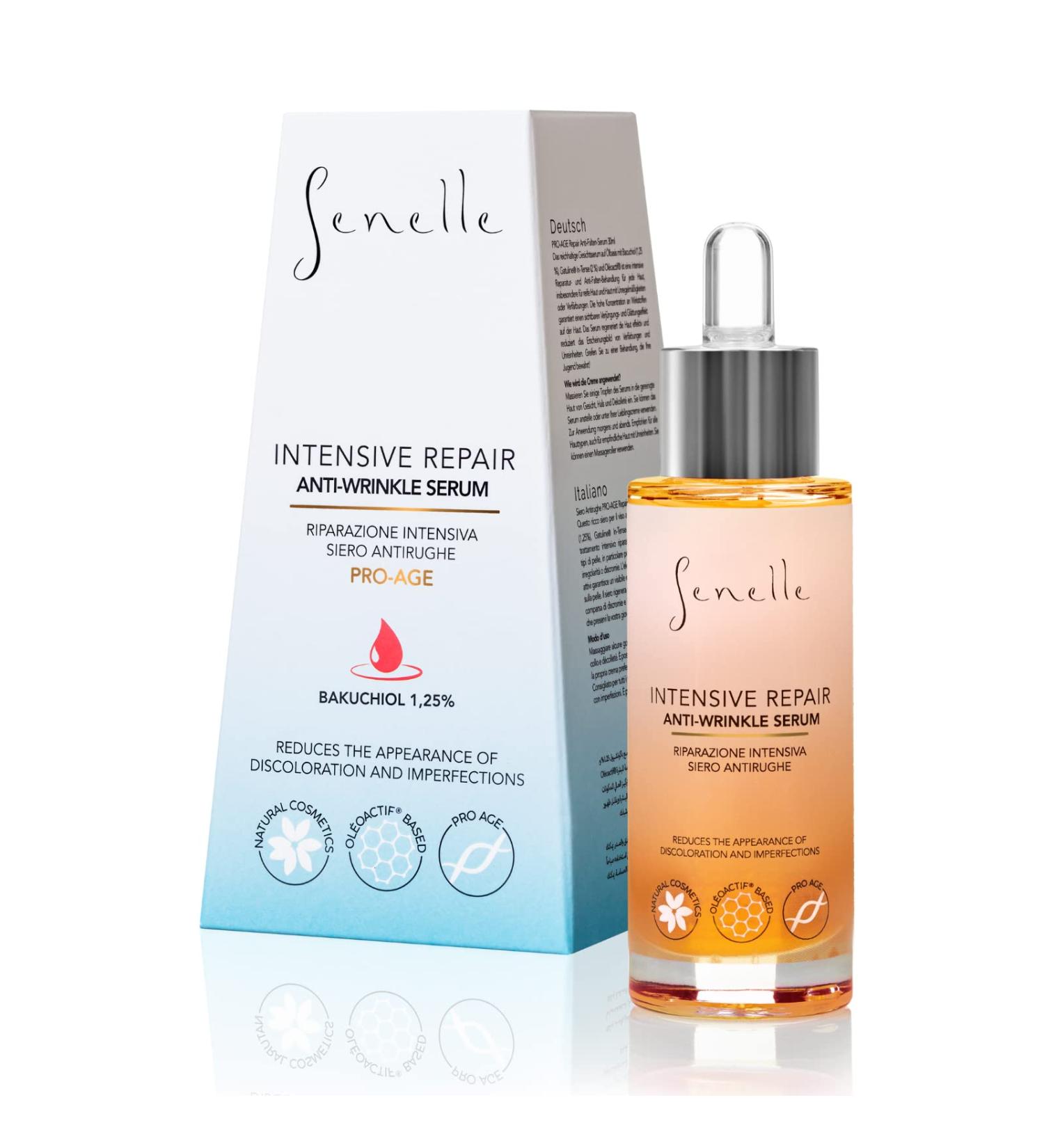 Senelle - Pro-Age Anti-Wrinkle Repair Serum | Powerful Formula | Bakuchiol | Gatuline In-Tense | Stoechiol | Ol oactif Pomegranate | Sea-buckthorn Fruit Oil | Youthful and Radiant Skin | 30 ml - Buy Online on GoSupps.com