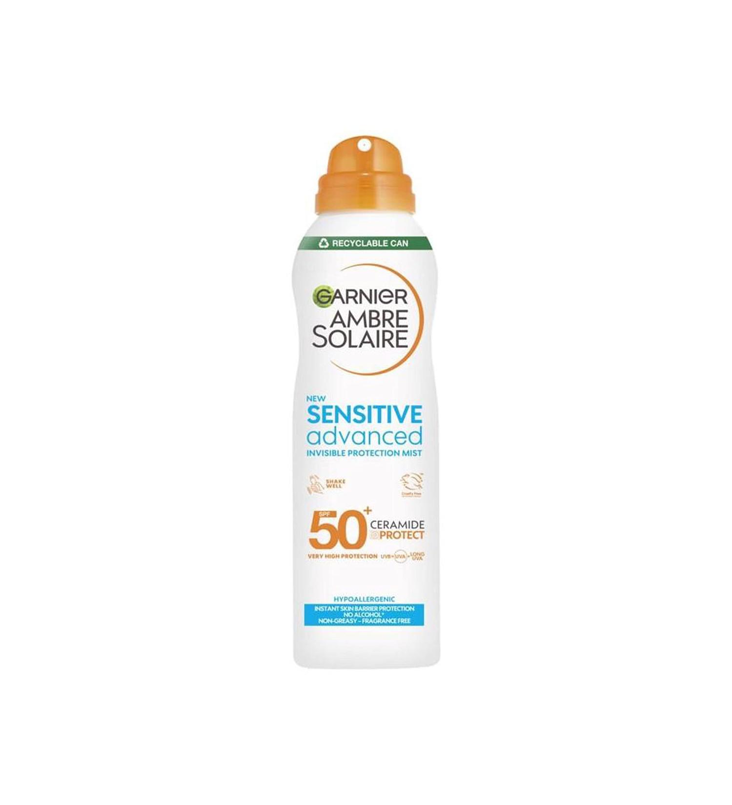 Garnier Ambre Solaire SPF 50+ Sensitive Advanced Dry Mist Sun Cream Spray Water Resistant & Non Greasy Sunscreen Fragrance Free UVA & UVB Protection Approved by Cruelty Free International 150ml 150 ml (Pack of 1) - Buy Online on GoSupps.com